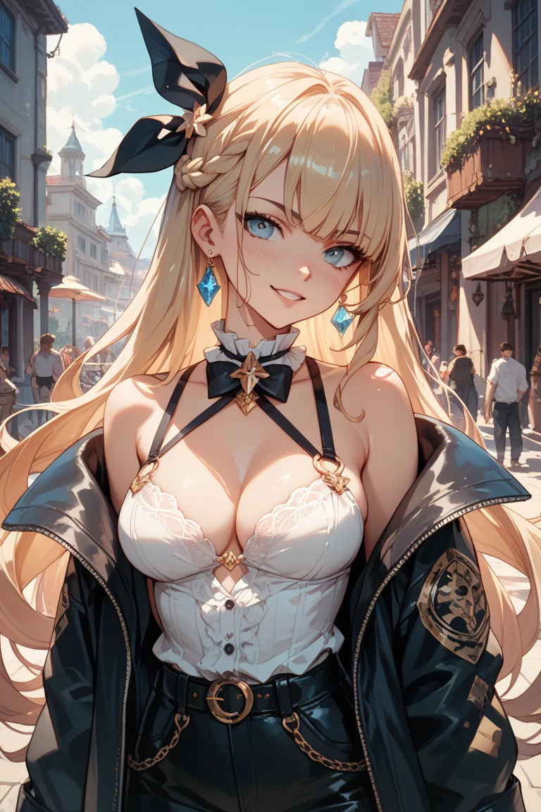 Masterpiece, ultra detail, high quality, 8k cg, jeanfavonian, blush, bright eyes, detail face, dynamic poses,night city view background, looking at viewer, huge breast, super detailed, red lip, make up, slim body, narrow waist