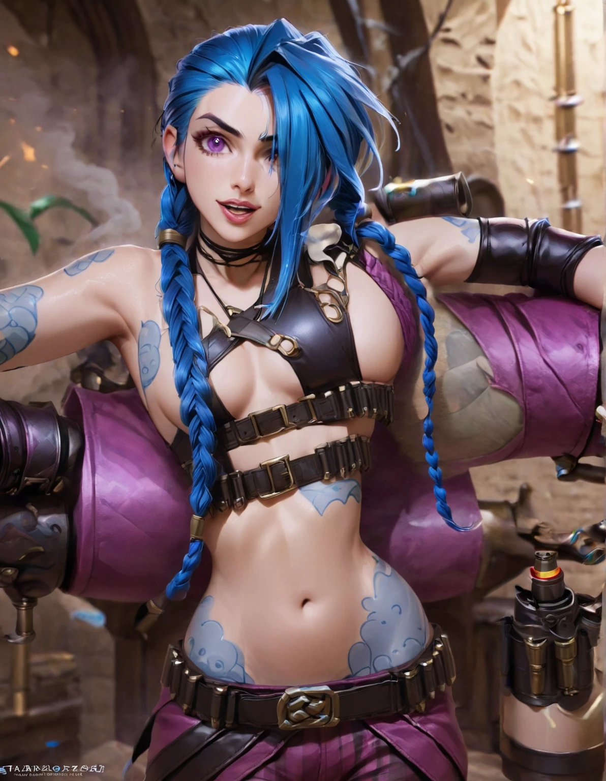 <lora:LoLJinxLora:1> blue, hair, woman, braids, tattoos, piercings, bazooka,minigun, pink black outfit,beautiful eyes, horny expression:1.2; full body:1.2, beautiful girl, high detail skin, high detail eyes, high detail hair, toned body, skimpy,5 finger, highres, ultra detailed:1, 4k, high quality, ultra realistic, sharpen image, full body, hotporn, award winning photography, Professional Photo, full body shot, detailed eyes, Highly detailed, fine details, intricate, sharpen picture, colorfull picture,vivid colors, small breasts:1.2, highres, ultra detailed:1.3, 4k, high quality, ultra realistic, sharpen image, extremely detailed CG unity 8k wallpape, hdr, extremely intricate, High Detail:1, Sharp focus, soft cinematic light, looking at viewer, detailed pupils, cute smile, 4k textures, soft cinematic light, cinematic look, insane details, hyperdetailed, Highly detailed, <lora:more_details:0.5>
