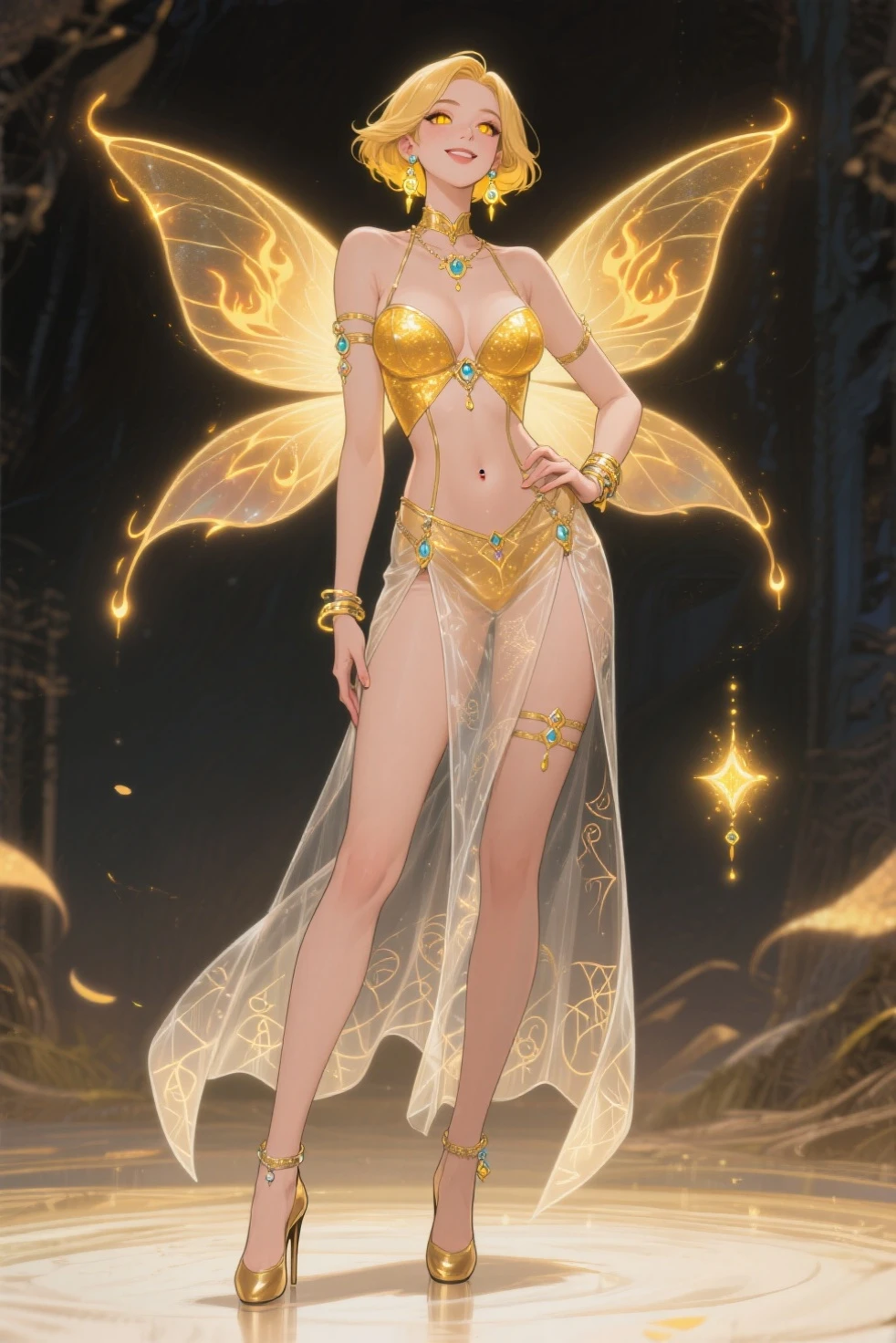 gaussian gold micro bikini top and bottom, ultra detailed cel shading drawing of a fairy with holographic dress flying, holographic dress, blushed, magical forest intricately detailed, butterflies, tiny fireflies, stuningly beautiful face, focus on face, dynamic pose, holographic, light particles, ultra detailed, hit definition, 32k resolution, best quality, flat lighting, flat colors, manga, anime, cartoon, vector, (colorful and vibrant) ((high saturation))