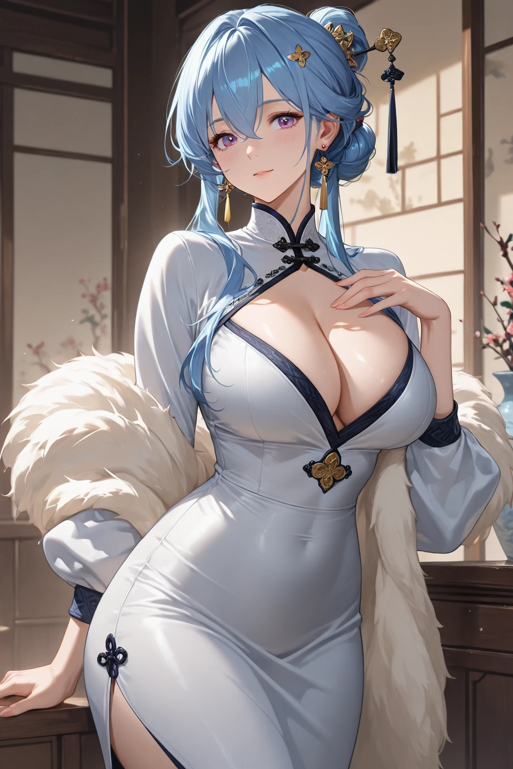 1womanl,Black hair, ,((Impatient expression)),Beautiful breasts,((Silk cheongsam)),slender style,,(Facing the front)(((Blushing cheeks、Surprised look)),((())),((( ((Open your legs wide)))))Frameless glasses,eyes are brown,(((Bangs are aligned)))((Close-up from directly below))(((sexy underwear)))