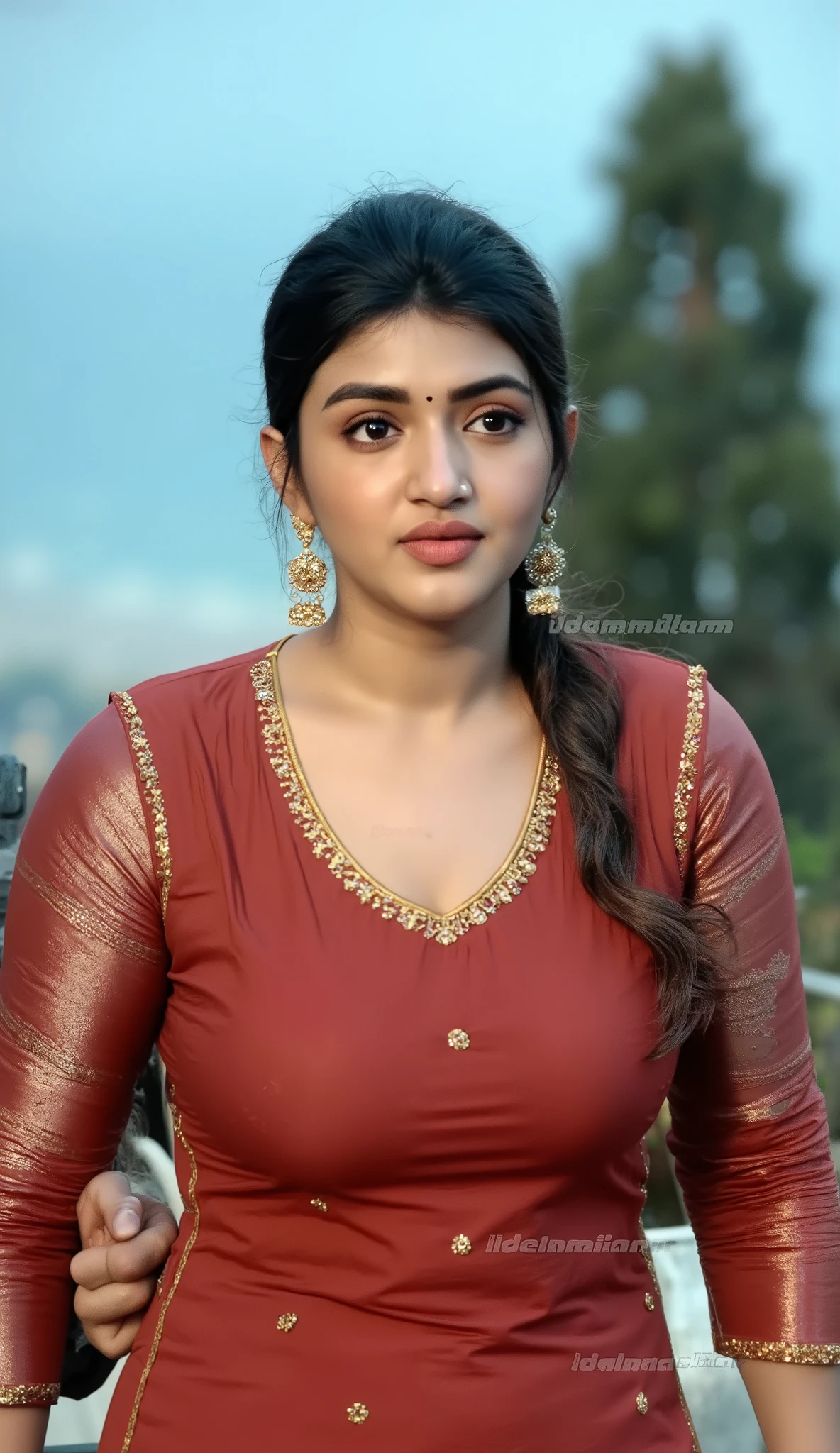 busty sree Leela with huge assets wearing tight shoulder less blouse and glossy transparent saree, curvy thighs, wide hips, lusty expressions,bending forward,an old man hugging her very tightly from back