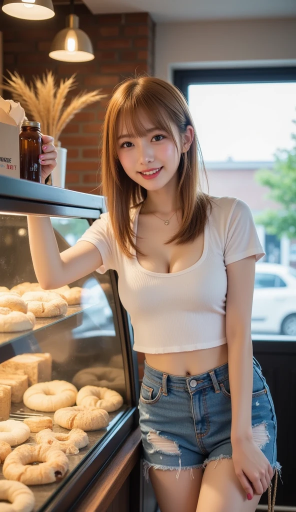 sexy young girl, good body, long haired redhead with blue eyes, short white shirt, bare shoulders, short blue denim shorts, serious look, sexy, short brown boots with white, eating, in a restaurant, eating