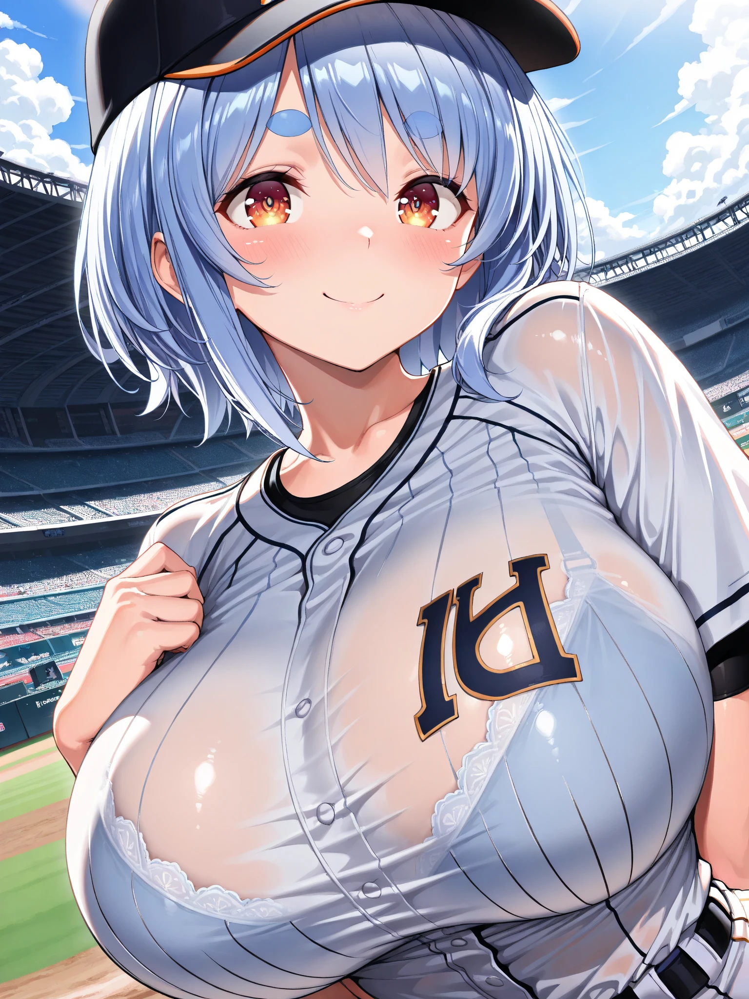Highest quality、Silver Hair Short、Yellow Eyes、Big Breasts、topless、baseball uniform pants、Holding a metal bat、background: court、Erect nipples、high school girl、Sweaty