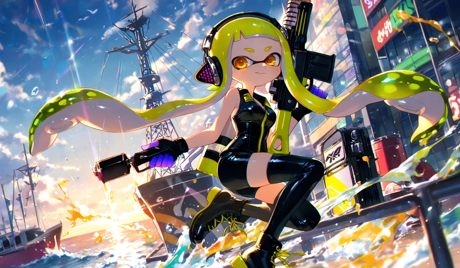 Highest quality, Detail View, High resolution、aerial photograph、Real Anime、3d、Splatoon Girl on the Skyscraper Observatory, Are standing、Happy, Golden Eyes、Cute eyes、smile, A slightly thinner face、Long black tentacle-like hair, Miniature cityscape、Skyscraper rooftop、Outdoor、Skyscrapers look small、Big Breasts、Cleavage、Camouflage Bikini, Watercolor Colors、He has a gun、