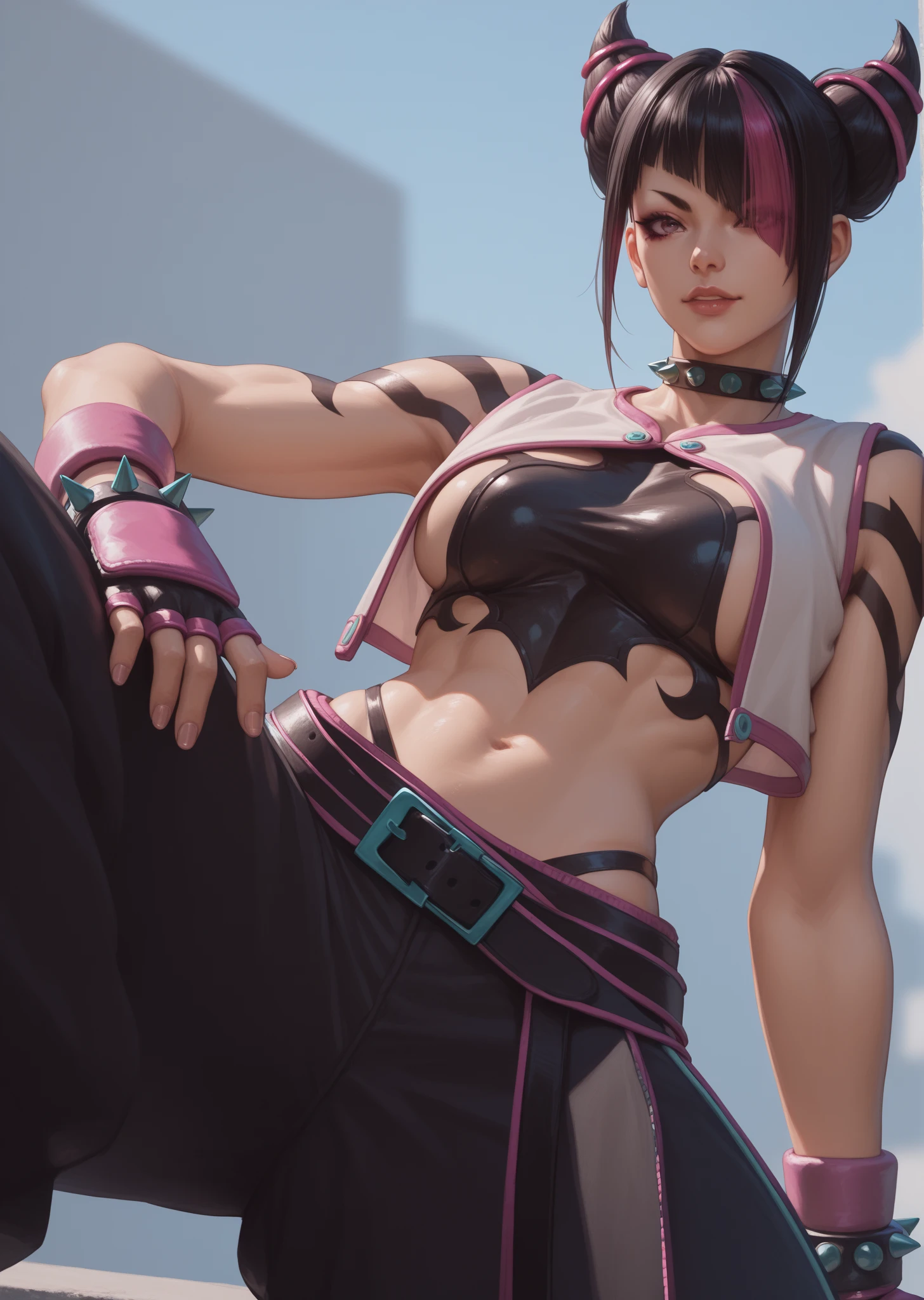 30 year old woman, sexy mature woman, detailed face and eyes, beautiful purple iris, white eyeballs, JURIMS, SFIV, hair horns, extremely delicate lips, (very suggestive smile:1.2), wicked smile, fighting pose, leg kicking, thick thighs, barefoot, angry, purple eyes, long eyelashes, thick eyelashes, 8k uhd, HDR ,extremely detailed CGunity 8k wallpaper, city street, crowd of people, <lora:juriHanStreetFighter_1:1>