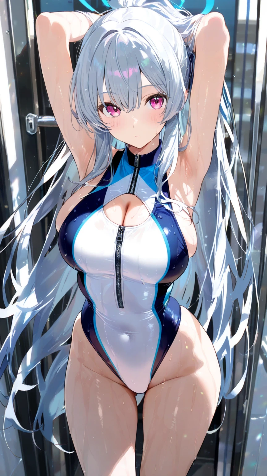 (highest quality:1.4)、High resolution、detailed background、(detailed beautiful face:1.4)、anatomically correct、detailed facial expressions、beautiful and smooth skin、beautiful teenage girl、(huge breasts:1.4)、cute hair color、braided long、realistic、perfect body line、attractive ass、
White thin rubber suit、Zipper fully open and chest flapping、No sleeve、emphasize cleavage、emphasize the nipples、cowboy shot、
A low-angle close-up that emphasizes the lower body、Super close-up shot from directly below、Sexy high leg、Super-detailed rubber suit、show your armpits、Clothes get wet and become transparent、My clothes are wet and transparent、camel toe、Looking at me with a big smile、cute