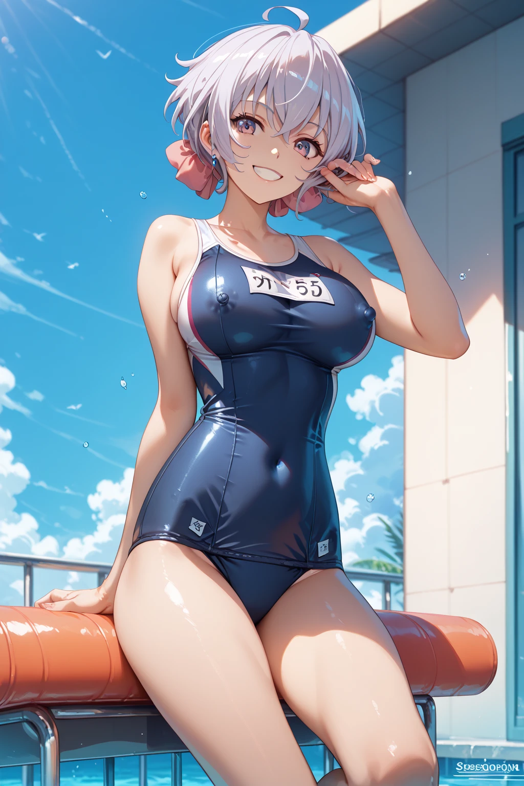masterpiece、highest quality、Very detailed、Photograph the upper body、1 female、(Put your arms behind your back:1.4)、Are standing、Turn your body forward、View your viewers、(Navy blue school swimsuit)、break,blush、shy、Pink Hair、Open your mouth、Pool、Big Breasts、