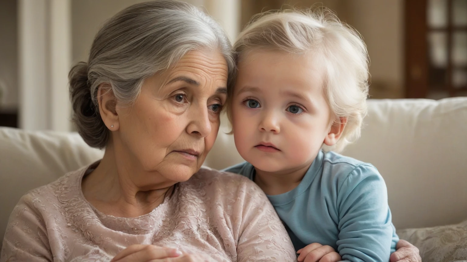 At home，The children are dressed very thickly，Arguing with his kind grandmother