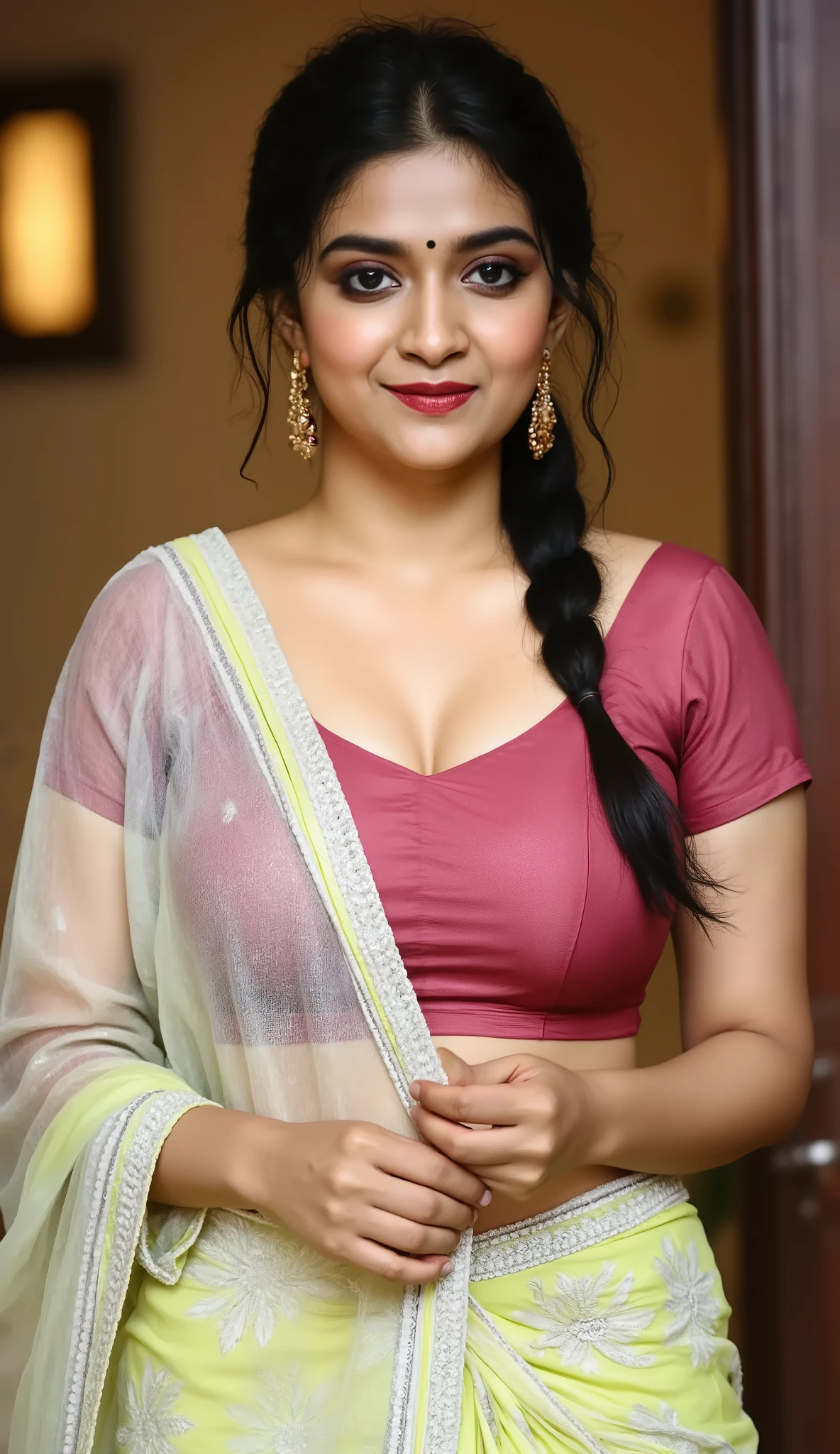 This is an ethereal high-resolution full-body portrait of a stunning Indian beauty wrapped in an ultra-thin, full-transparent vibrant color organza chiffon saree that flows like liquid. The delicate fabric clings to her every curve, its featherlight pallu barely grazing her shoulder while exposing her smooth, toned midriff and irresistibly deep navel. Her off-shoulder velvet blouse, in a rich hue, molds to her form, its sweetheart neckline drawing attention to her collarbones. A gold belly chain rests lightly on her navel, subtly shifting with each movement. Her luscious, waist-length hair is braided with tiny red roses, and her dark, dramatic eyes are accentuated by a bold red bindi and crimson lips. She stands with effortless grace, gently pulling at the sheer pallu, teasing a glimpse of her hip as the soft lighting enhances the saree’s gossamer quality. Captured with a high-end DSLR (aperture f/1.8, shutter speed 1/180 sec, ISO 80), the image is sharp, highlighting the exquisite contrast between the sheer fabric and her warm, glowing skin