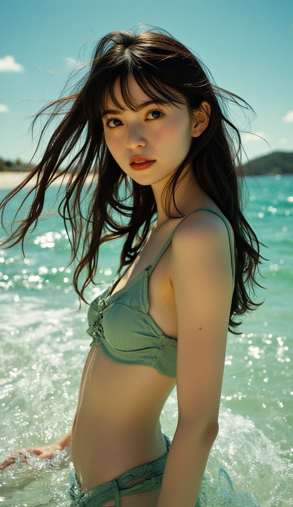 (Masterpiece, BestQuality:1.3), (ultra detailed:1.2), (hyperrealistic:1.3), (RAW photo:1.2),High detail RAW color photo, professional photograph, (Photorealistic:1.4), (realistic:1.4), ,professional lighting, (japanese), beautiful face, (realistic face), cute woman, (Big Tits:1.5), (cheerful Smile:1.5), Trending Hair&Trending Hairカラーをランダムに, earrings, necklace, bracelet, sexly, erotic sexly, Random sexy gravure poses, (A woman in a green bikini、She is smiling happily and striking sexy poses while taking photos on the beach.。Long brown hair fluttering in the wind。:1.3)