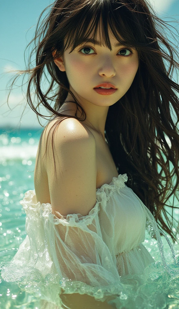 Japanese、beautiful girl、beautiful、cute、young、Fair skin、No makeup、Beautiful leg lines、D cup breasts、Showing off cleavage、Tight waist、White skin、17 years old、Sandy Beach、My eyes are watering、Wet lips、Wet bare skin、Summer Morning、Crashing Waves、The background is blurred、White dresy whole body is wet、 An inviting gaze、look up