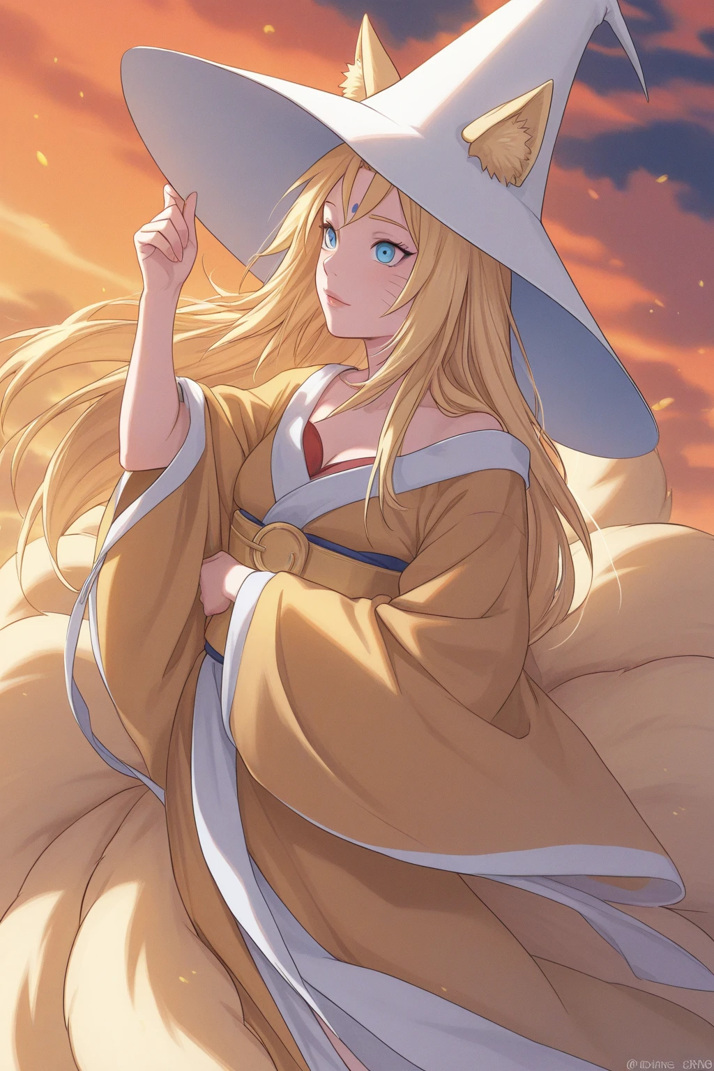 ftselenekim, pink eyes, mature female, blonde hair, hat, clothes, ftselenecas, pink eyes, blonde hair, maturefemale,cleavage, kimono, japanese clothes, moon, white clothes , big chest, smile, perfect waist, large breasts, kimono