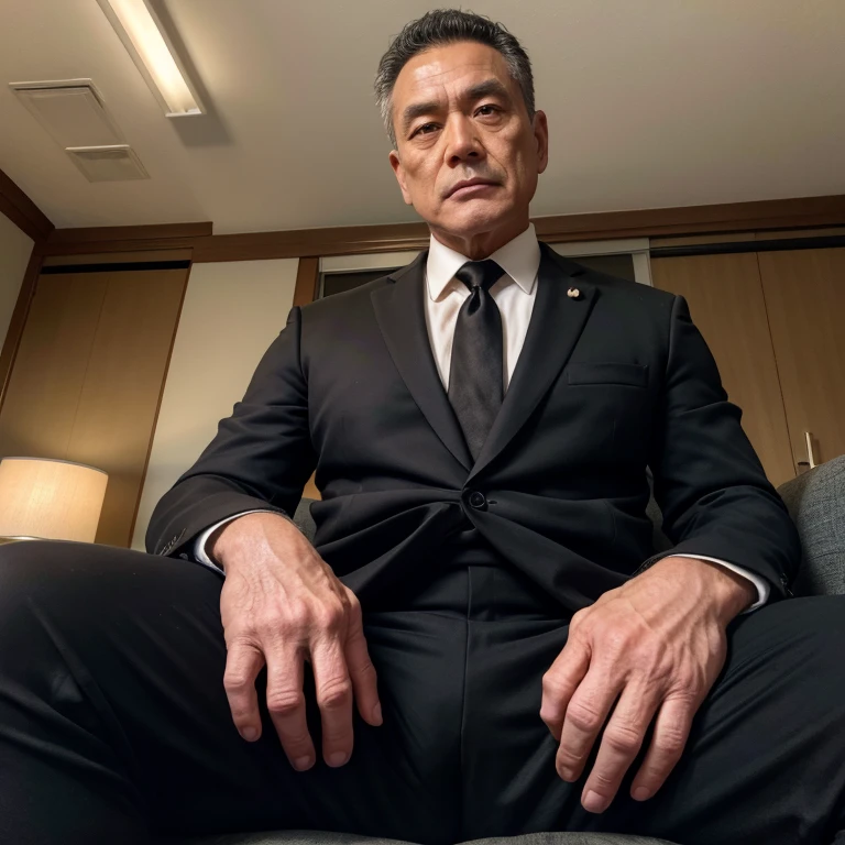 40 years old，Hidetoshi Nakata，（Kogoro Mori 1.3），whole body，Lean，muscle，office，black，foot，Suit，袜子，foot抬起，sofa，Baldhead ，，Thick body hair，，，Densely hairy，Fortitude，HD，With a mustache