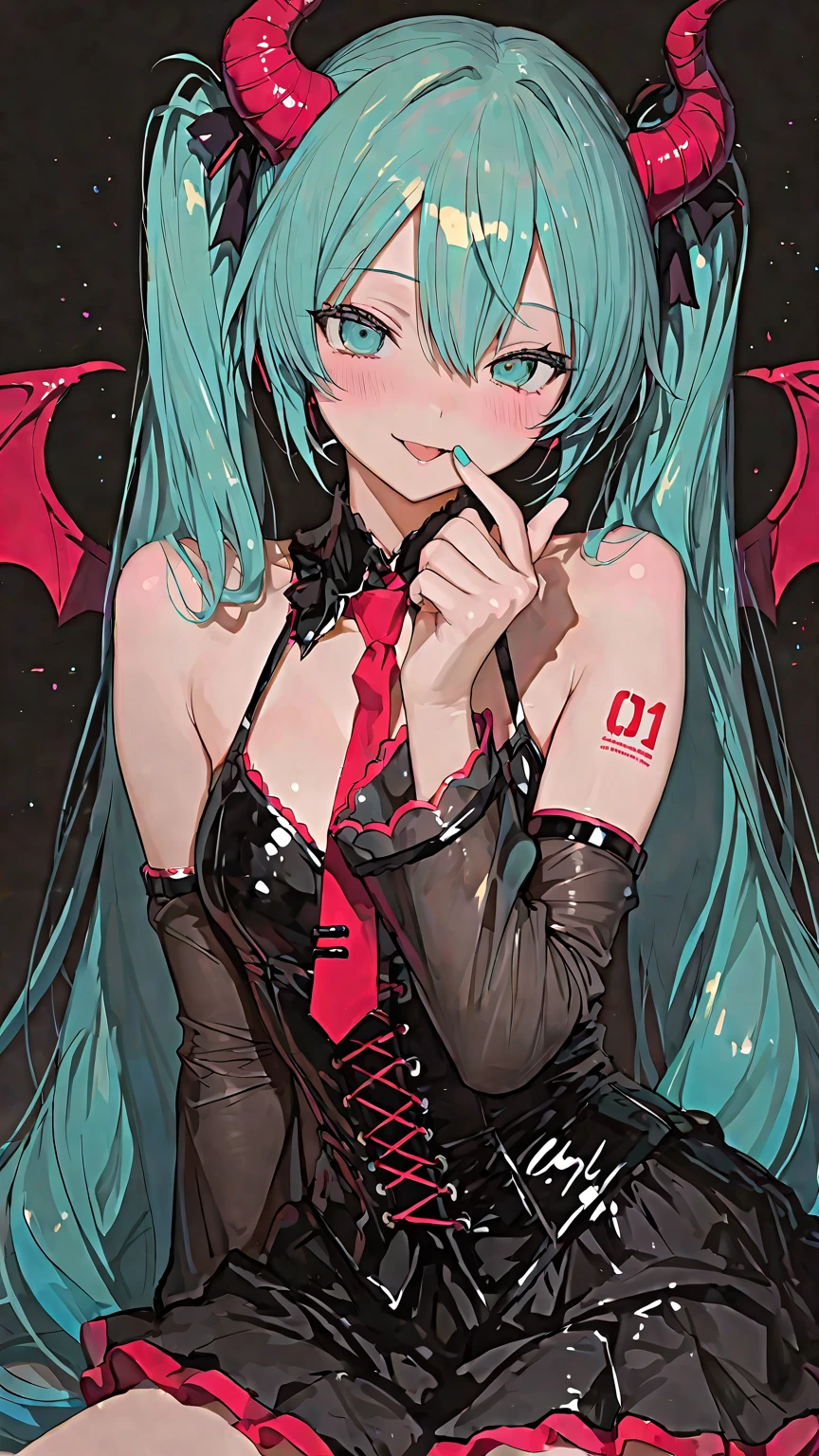 tachi-e, game cg, Highly detailed and realistic CG, Colorful, Masterpiece, Best Quality, jewel-like eyes, 1girl, solo, black hair, shiny hair, long straight hair, very long twintails, slender, skinny legs, succubus girl,succubus luxury dress, mini skirt, succubus boots, aqua blue eyes, flat chest, black elbow gloves, latex, smirk, smile, jitome, half-closed eyes, tsurime, simple background, from pov, best quality eyes, sharp teeth, tsundere, standing, contrapposto, hand on hip, (shiny skin:1.0), succubus wings, succubus tail, mesugaki, teasing, smug, cute girl, , open mouth, fangs, tongue out, pointy ears, pink heart tattoo, (Sharp Focus:1.2), Thin arms, Thin legs, outline, Evil Female Executive Succubus,