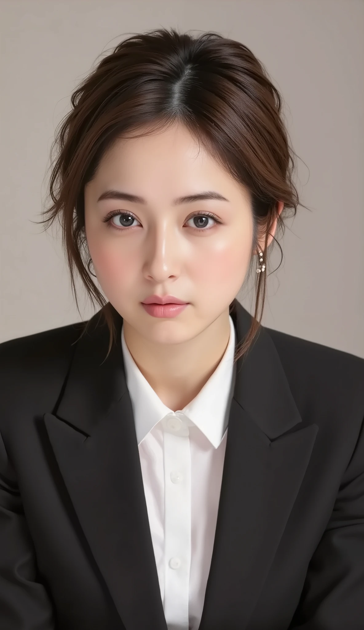 This is Japanese News Caster NHK News.., serious expression,、歯を見せた笑顔髪型ショートカット、ウェーブヘア、office lady suit、black jacket、white shirt、ear piercing、necklace、dark eyeshadow