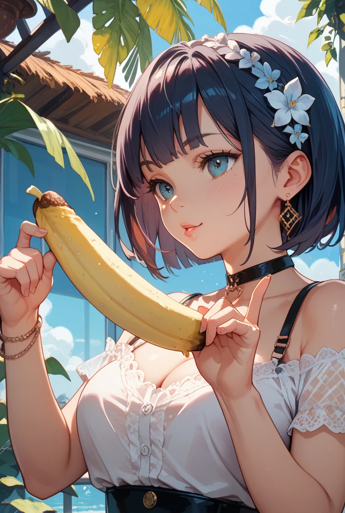 ((Whole body)),(masterpiece, Best Quality), 1 18 year old anime girl in scout clothes, neckline, mini skirt, big breasts about to eat a banana, opening his mouth in a park landscape, ((view from above))