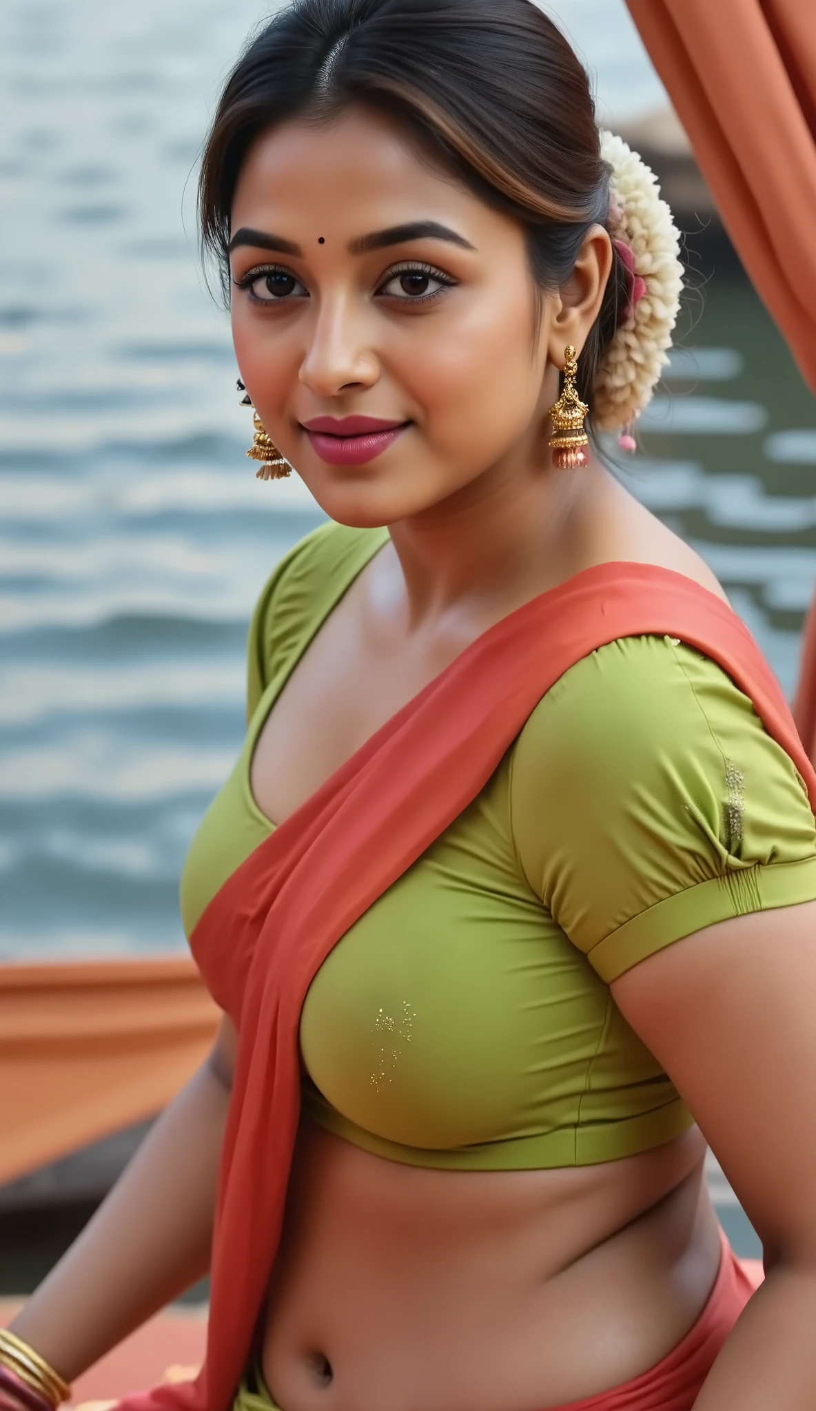 a painting of a woman sitting in front of a window, inspired by Raja Ravi Varma, by Raja Ravi Varma, inspired by T. K. Padmini, dressed in a sari, indian art, by T. K. Padmini, painting of a woman, szukalski ravi varma, inspired by Sudip Roy, sharandula