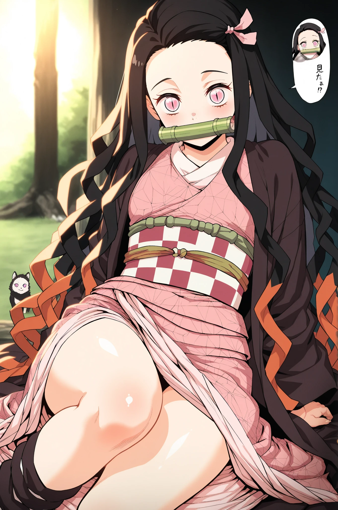 (masterpiece:1.3), (best quality:1.1),  ((anime style)), detail perfect 5 fingers, perfect anatomy, 
1girl,
Kamado Nezuko, pink kimono, wardrobe malfunction, shoes, 
BREAK long hair, wavy hair, long nails 1 horn, forehead, black hair, pink eyes, Bamboo gag, ribbon, small breasts,  
BREAK naked
1boy, ?????, faceless male, carrying, vaginal_sex, from below, legs up, legs on another's shoulders, bald male, faceless male, bigger male
BREAK night time, (fantastic:1.2), ahegao, cum_in_pussy, bleeding pussy, outdoors, 