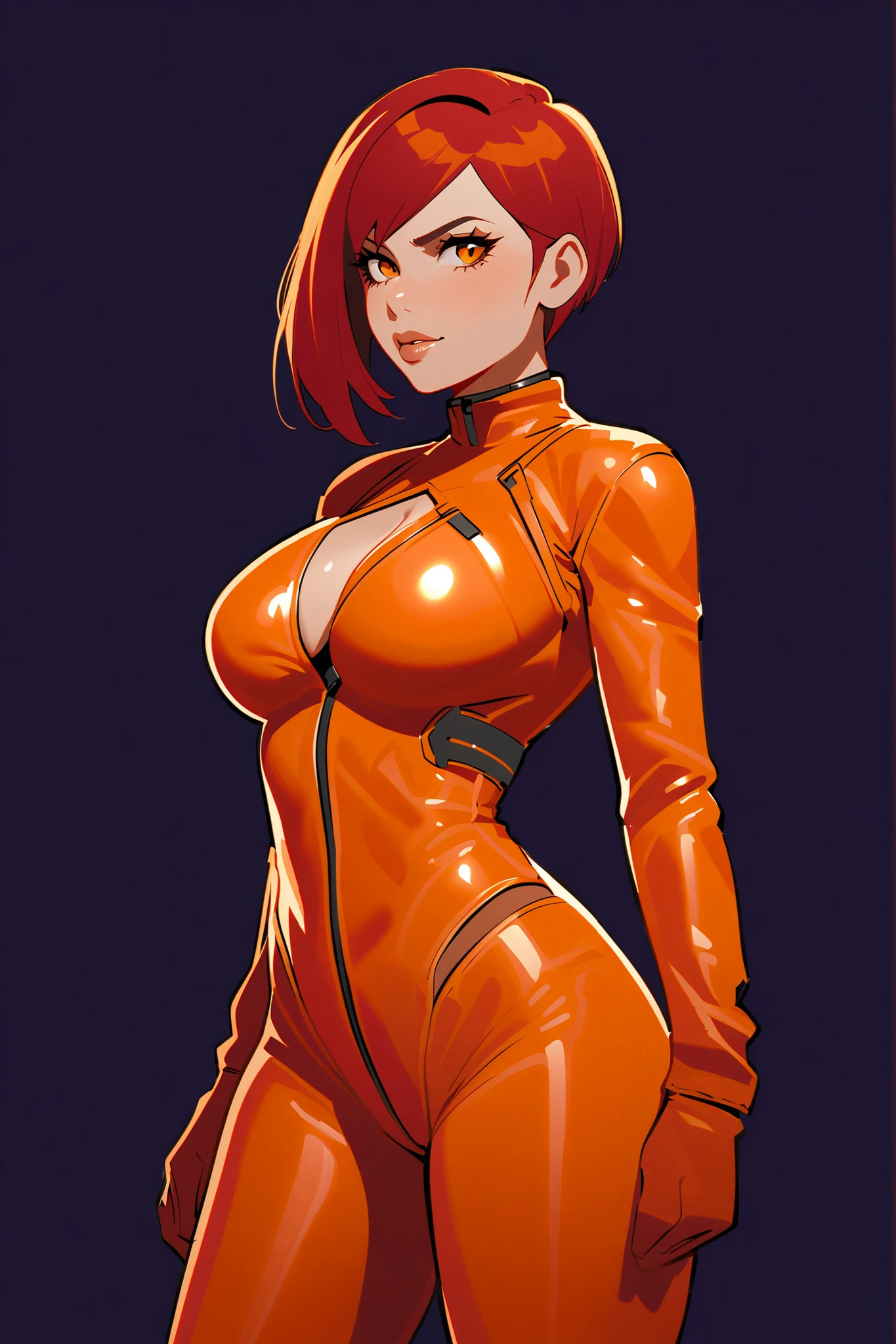 orange clothes, single piece bodysuit, shorts bottom, short sleeves, big chest, broad hips, lustrous dark skin