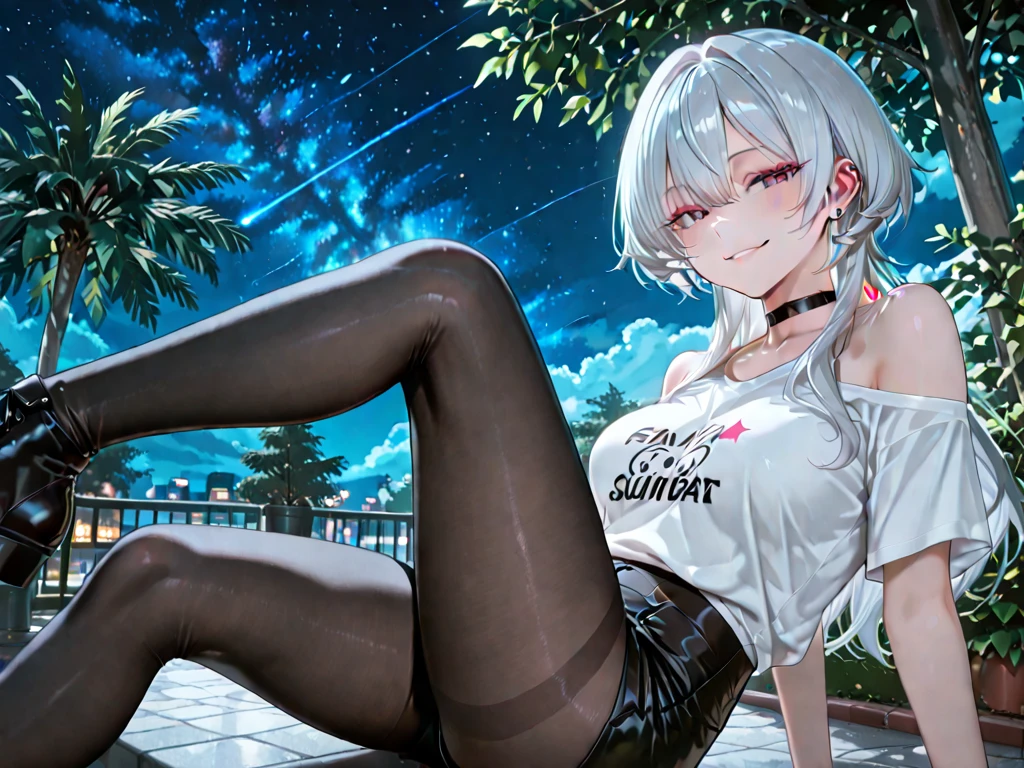 masterpiece, best quality, very aesthetic, absurdres, 1girl, mature_lady,red_shirt,naked_shirt,covered_nipples,,honma_meiko, ano_hi_mita_hana_no_namae_wo_bokutachi_wa_mada_shiranai, 1girl, blue_eyes, long_hair, white_hair, bare_arms, bare_legs, barefoot, flat_chest, neck_ribbon, ribbon, sidelocks, star_(symbol),,glowing stardust frontground,fantasy,sparkling,fireflies,