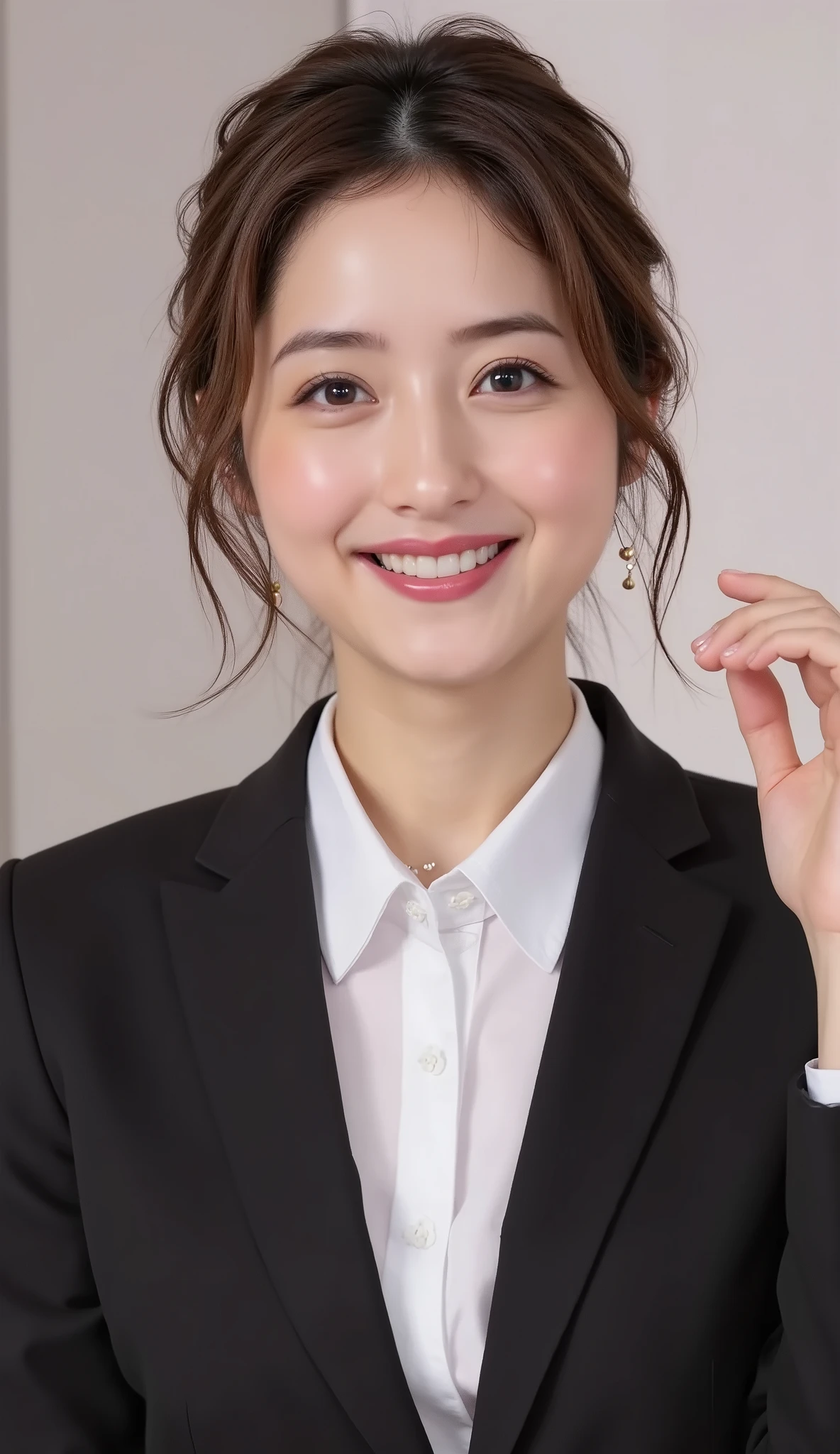 This is Japanese News Caster NHK News.., s歯を見せた笑顔、髪型ショートカット、ウェーブヘア、office lady suit、black jacket、white shirt、ear piercing、necklace、dark eyeshadow