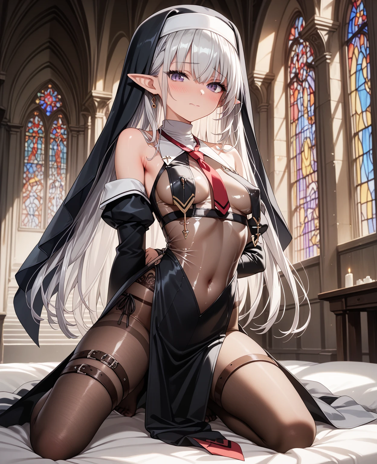 nsfw, masterpiece, extra limbs,(1vampire child),silver extremely long hair,silver pubic hair, slant eyes blank red eyes, flat chest small nipples small areolas,pale white skin athlete skinny body,sullen,spread legs, sitthing,(((clothed corset dress))),sitting on throne,old castle,midnight