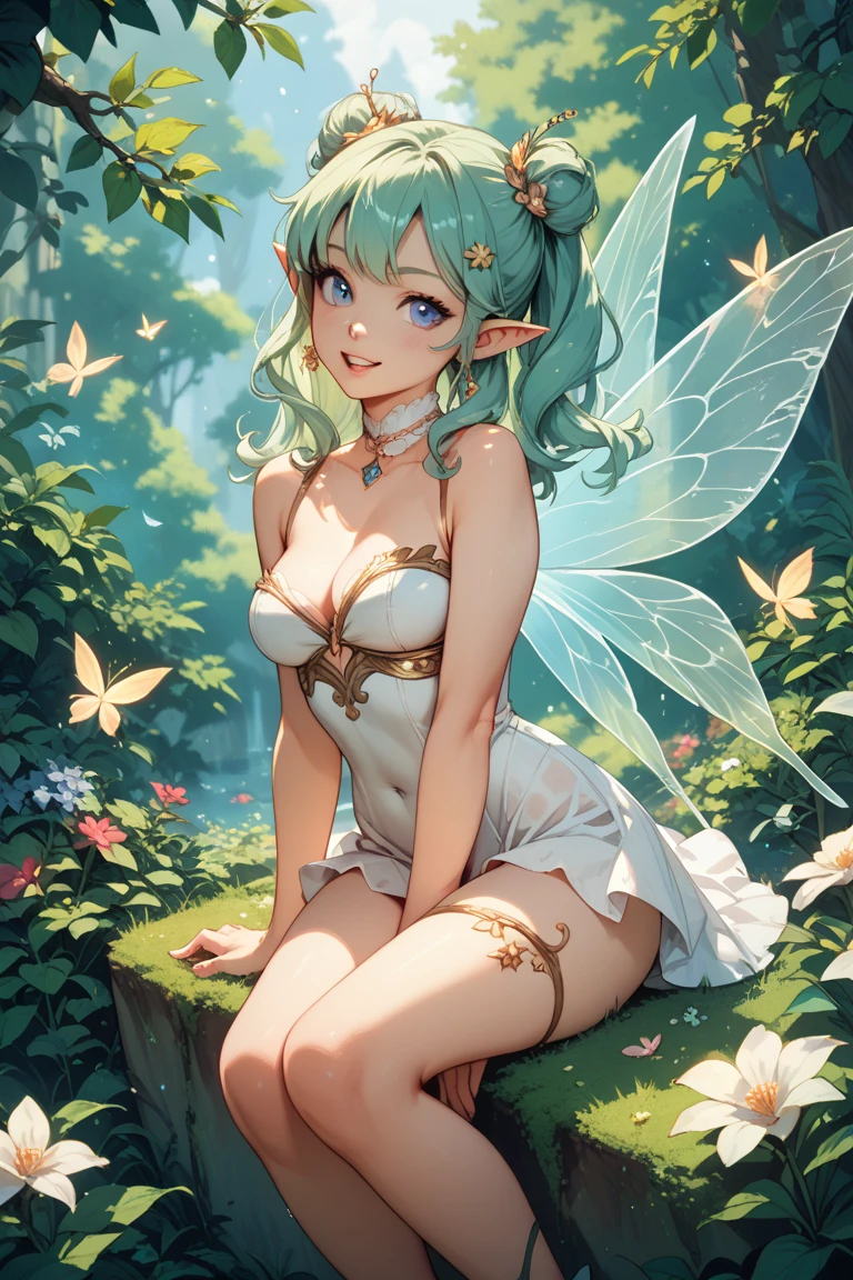 Full body portrait, Forest Elf, (top-quality, 8K, masterpiece: 1.3), Green hair, petite body,fullnude、no-bra、 (beautifully detailed eyes), (super detailing), (desktop wallpaper), (详细的脸), Ray Glow, optics, Panoramic illumination, Atmospheric perspective, zori, Anti-aliasing: 5D, lightpainting, color, beautiful countenance, Perfect body beauty: 1.4, Clear facial features, Symmetrical transparent wings, stunning detail