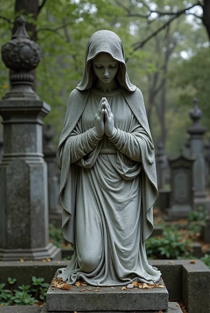 [angel statue on a postament:angel:0.2], praying woman stone statue, [hands closed in prayer], [(angelic wings), robe::0.2], [[overgrowth vegetation]:((overgrowth vegetation)):0.2], serene beautiful face, [overcast sky, god rays:(god rays):0.4], [deserted graveyard ruins, forsaken monastery, forged fence:broken gravestones, (crumbling ruins), (desolation):4], raw photo, Fujifilm XT3, Canon EOS R5, sharp focus, depth of field, [pale colors:ultra detailed, high contrast:0.4]