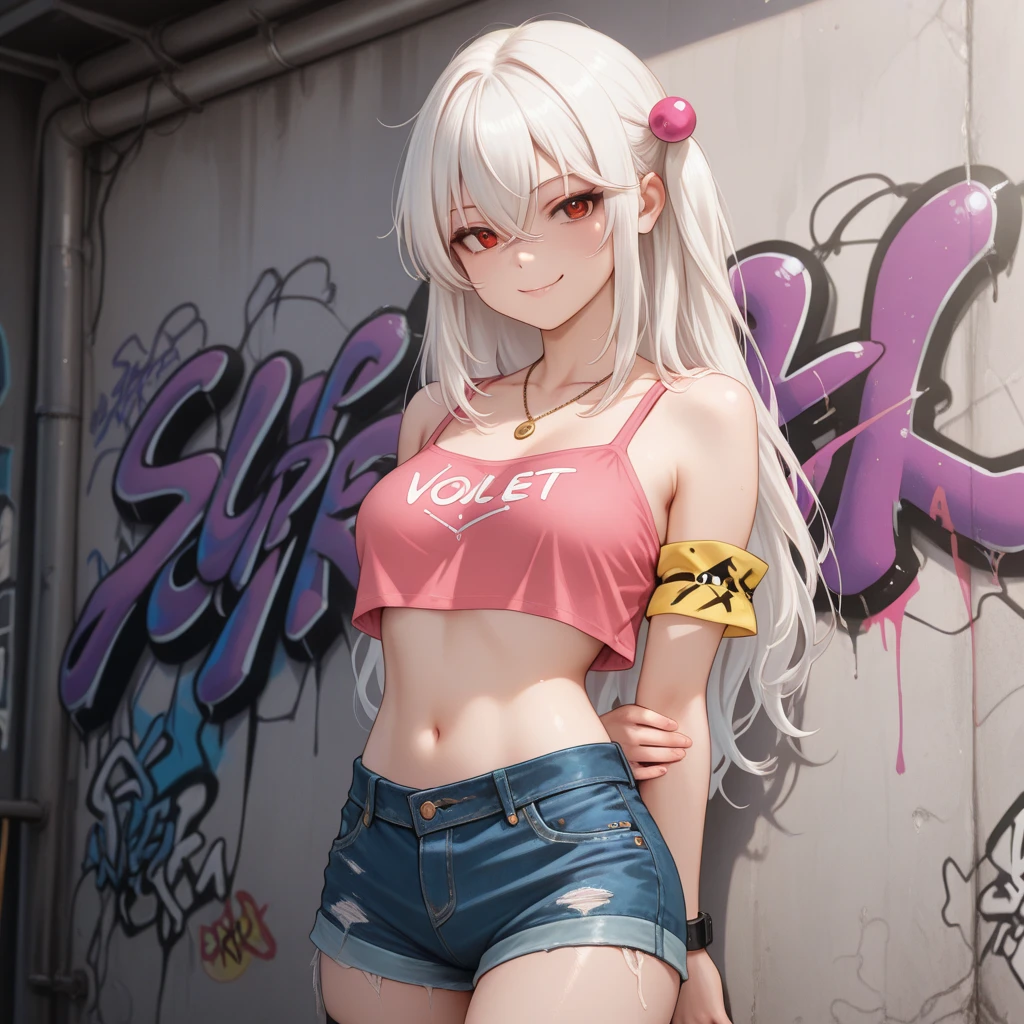 1girl, Top view、((On the balcony)), The girl bends forward to show off her breasts、legs apart, (Blonde), (shiny white skin:1.6)、Glowing Eyes, ((evil grin)), (5 years old girl), Multicolored Hair、Cap, pink rip, ((((Long sleeveless shirt)), Black Bra、Wide Cargo Pants、((Panties with horizontal stripes)), (small breasts), (jewelry))), (crotch), ((I'm wearing sneakers)),