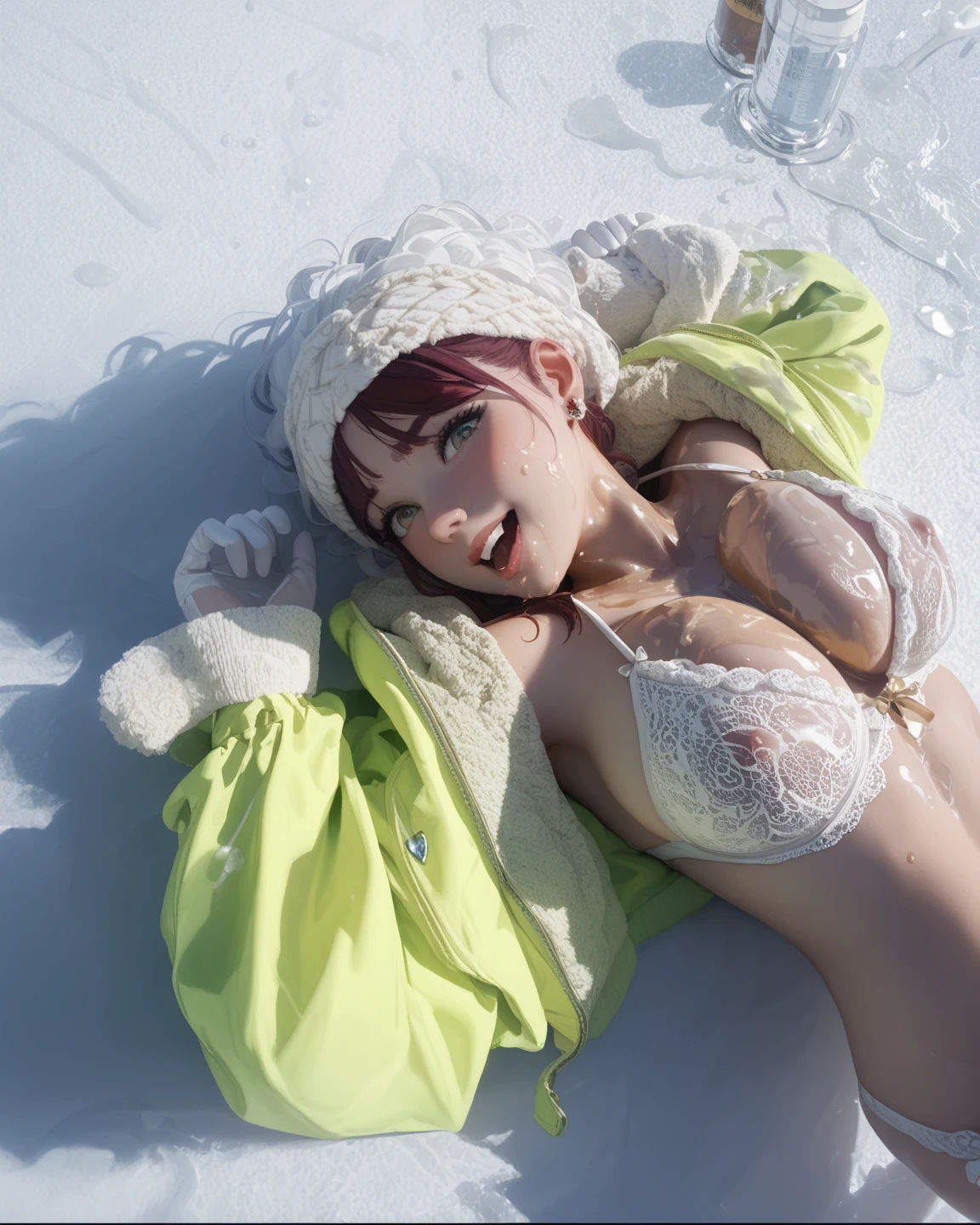 (NSFW), 1 beautiful women got wet, ((sleep in the bus)), closed eyes, pink underboobwear, beautiful face, seductive, a lot makeup, (short wavy red hair, bob cut), wet underboobwear, highheels, open legs, red mini skirt