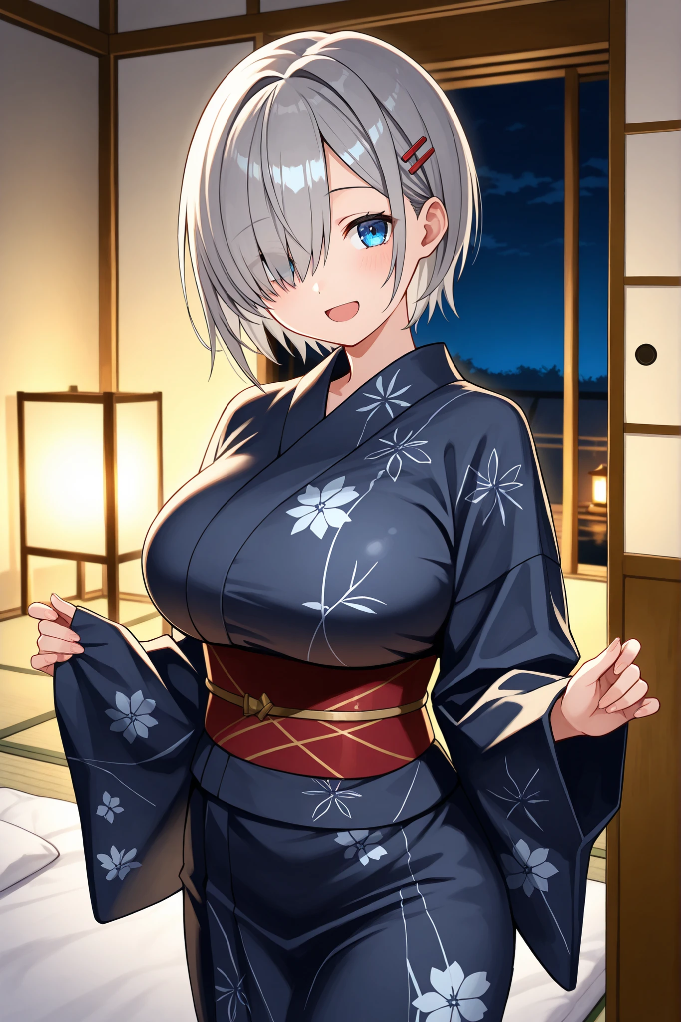 {{{masterpiece}}}, {{{best quality}}}, {{ultra-detailed}}, (detailed skin texture), hamakazekc, solo, grey hair, red hairpin, short hair, bangs, hair over one eye, blue eyes, large breast, dark blue yukata, cute smile, open mouth, standing in a traditional Japanese style room, tatami room at night, illuminated by soft warm lantern light, wooden sliding doors (shoji), futon, straight posture, (body slightly turned to the side), cowboy shot, (from the same level)