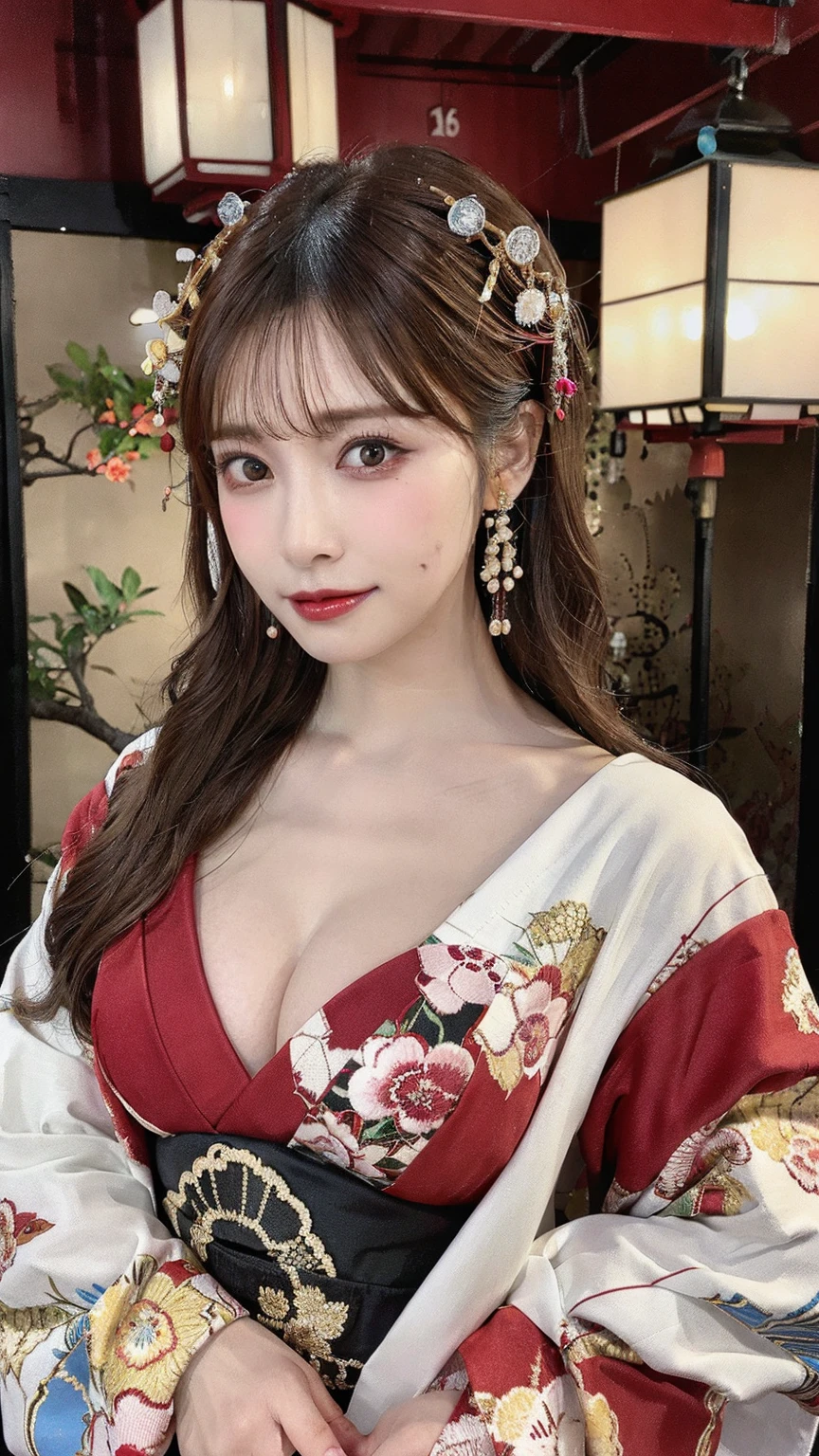(Detailed skin:1.2),(Shiny skin:1.1),8K,Highest quality, masterpiece, Ultra-high resolution,(Realistic:1.4), RAW Photos,(Soft saturation:1.3),(Fair skin:1.2),Half-Japanese beauty,repair,20 years, Light brown hair, (Up-Hairstyles:1.2), Asymmetrical Hair, (Pretty face:1.4), (Large Breasts, Tight waist), Beautiful lighting, (Sexy Oiran:1.2,),Highly detailed face, Highly detailed lips, fine grain, double eyelid, (Sharp focus: 1.2), (Perfect Anatomy),(Beautiful woman with perfect figure: 1.2)、Exposing cleavage、Random sexy poses,(Accentuate your leg lines:1.1)、kimono、Sharp Eyes,smile、Gorgeous hair ornament、Japanese style background