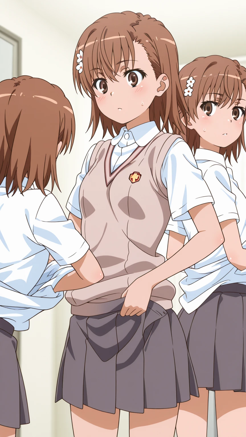 masterpiece,highest quality,MARUI MITSUBA,brown eyes,brown hair,hair ribbon,short twin tails,grin,crossed arms,,classroom,mitsudomoe \(shape\),completry nude,
