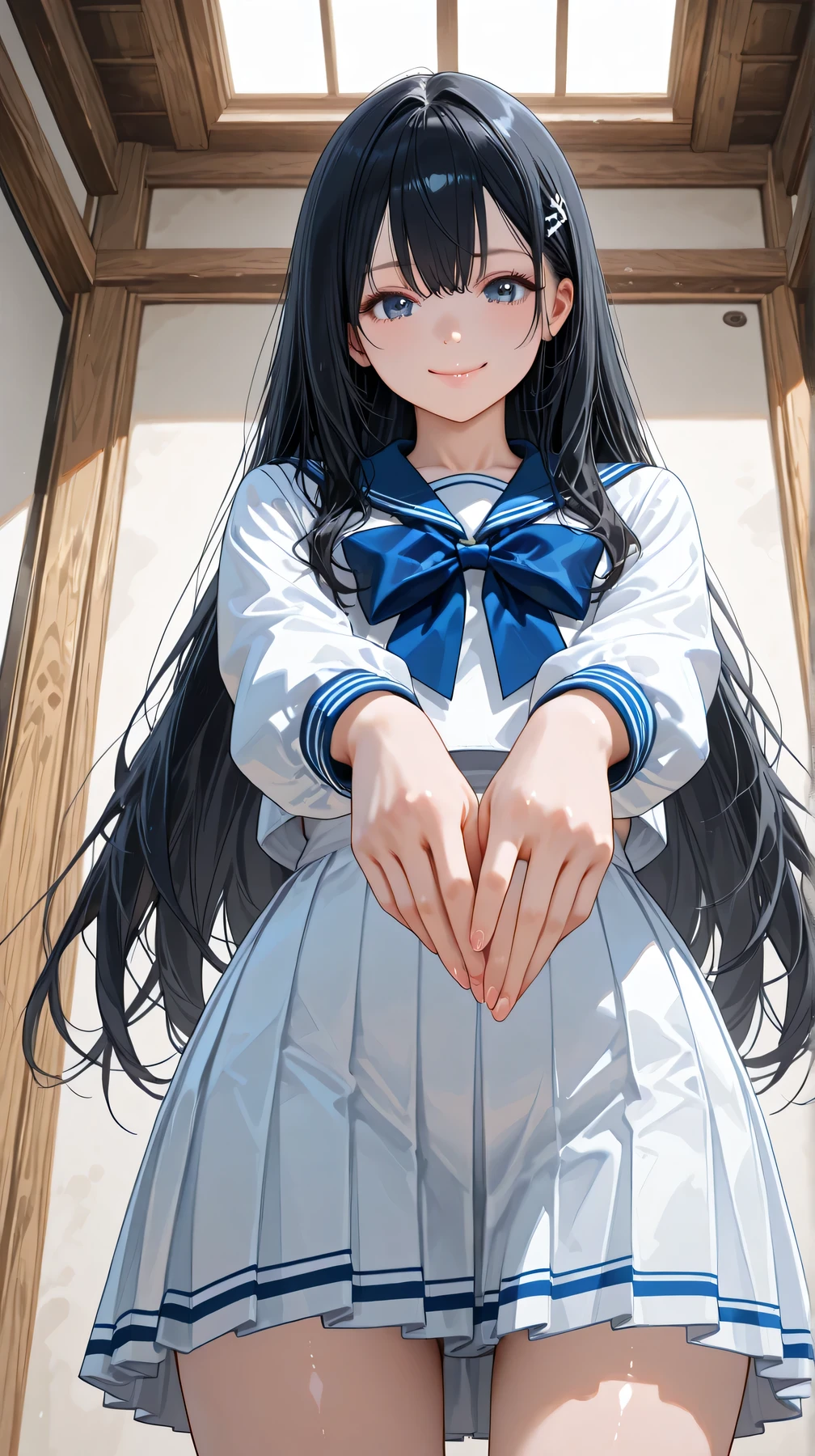 young cute girl, 14 years old, 1girl, extremely detailed face and eyes, dark blue eyes, Perfect Eyes, curled eyelashes, BLACK HAIR BREAK, unnaturally long hair , Airban, hair catches your eye, side lock, Highest hair Quality, BREAK (Huge Chest), Slender body, Realistic feel in every detail , shiny lips, (Intricate Cropped Sailor Suit:1.2, pleated skirt), perfect finger, perfect hands, perfect anatomy, BREAK shy, Enchanting Poses, Smile, (sharp and clear focus), (cowboy shot), from below, staring at others, BREAK A in an old Japanese wooden house, Highest lighting and shadow effects, Perfect configuration, Physically Based Rendering, BREAK score_9, score_8_up, score_7_up, ASCII score_9, Source_anime, Rating_Safety, Quality_masterpiece, Quality_Highest, (super high resolution:1.2), amazing Quality, very aesthetic, Newest, extremely detailed explanation,