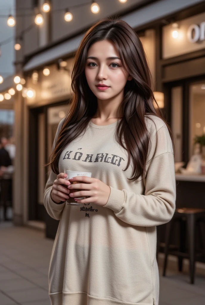 Girl, long wavy brown-blonde hair, brown eyes, sharp features, white skin, long-sleeved t-shirt and pants style, Gucci bag