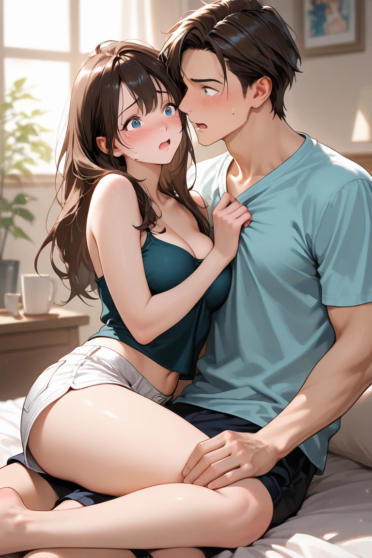 Girl anime sitting on a boy's lap with her legs open while she has a face of pleasure and sticks out her tongue, between her legs is the boy's penis which is taking out semen and leaves it spread on the woman's thighs, the woman has a big butt and breasts, she has a short white shirt with a large neckline that shows her body, also very short shorts