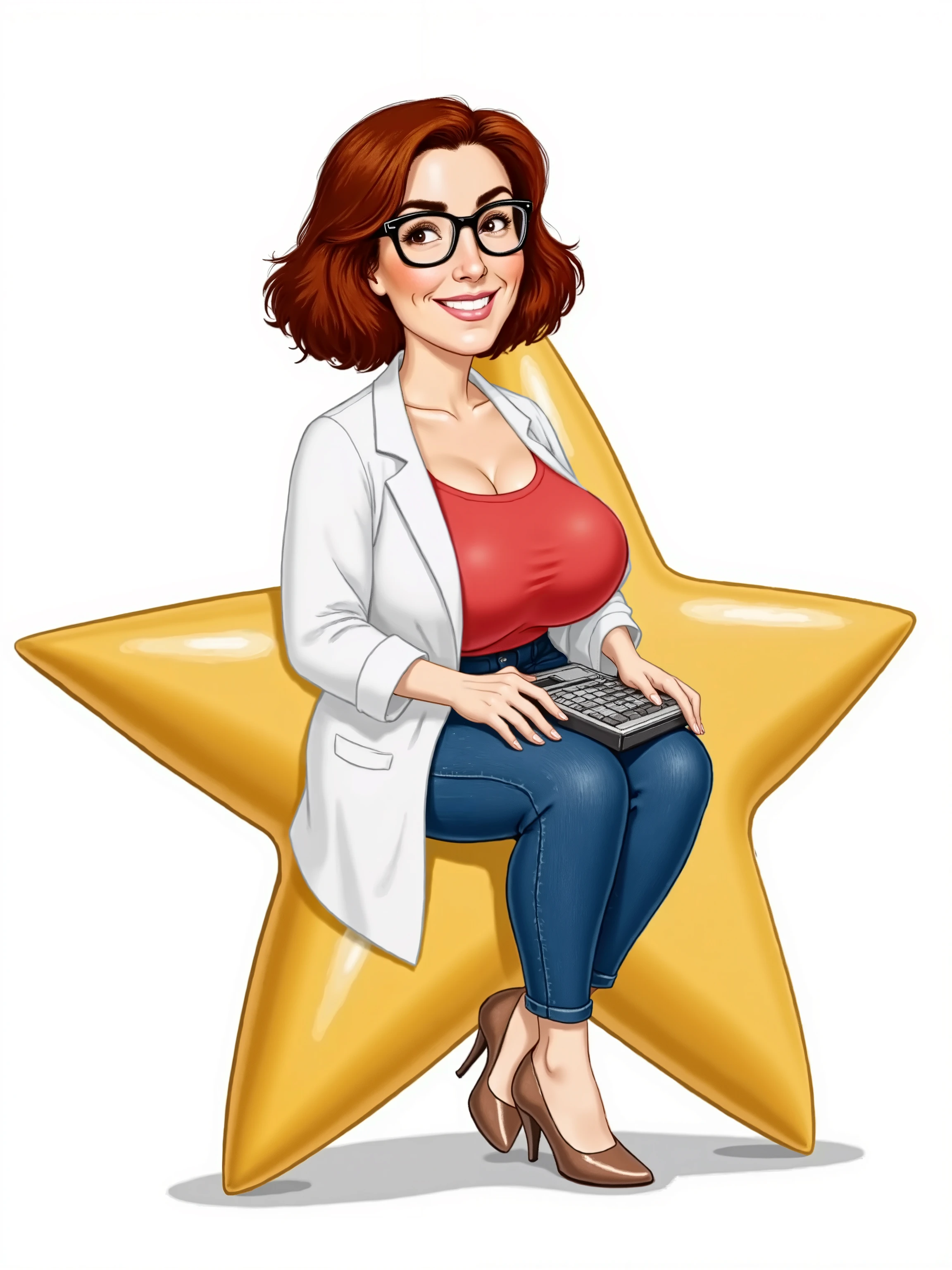 The overall style is typical of the classic Disney animation style from the mid-20th century,illustration cartoony image, 40-year old woman sitting on a large golden star, white background. she's wearing a white lab coat over a red tank top, . jeans. thick-rimmed glasses. holding a pocket calculator
