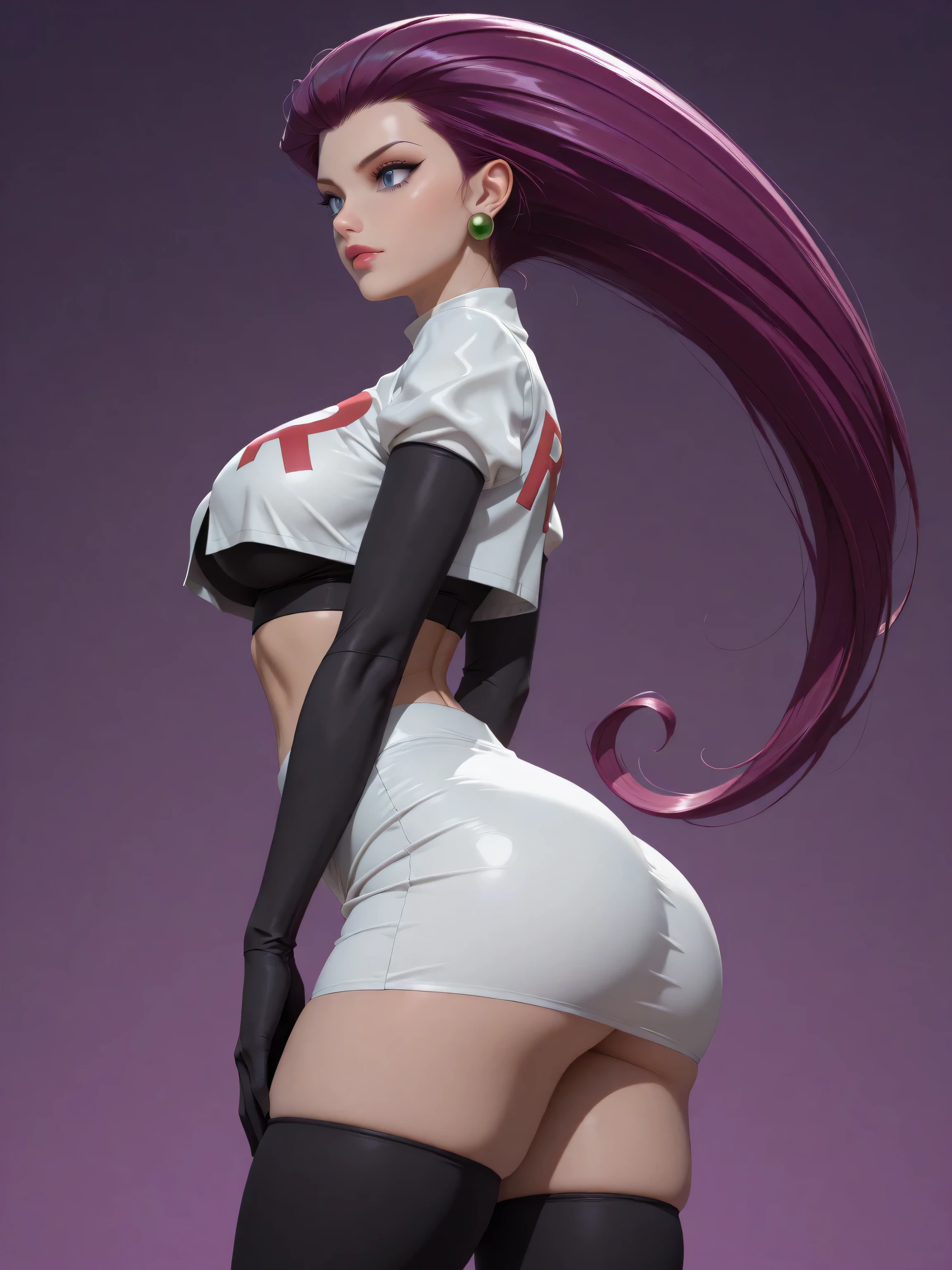 (best quality, masterpiece), ((1 Woman)), beautiful Woman, (Blue eyes), (([Purple] hair, [long] hair)), ((Large breasts)), cleavage, Fitness Butt, Narrow Waist, realistic, charming, Black makeup, Smoky eye shadow, Dark Eyeliner, (detailed face), detailed eyes, detailed iris, cute,earrings, ,team rocket, team rocket uniform, black gloves, elbow gloves, white skirt, crop top, thighhighs, black thighhighs, ,1girl, jessie, \(pokemon\), (ultra HD quality details), blue eyes, hair slicked back, purple hair, (((From Side))), ((Low ANgle))
