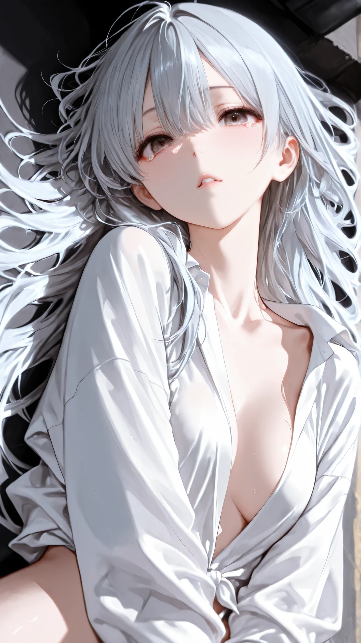 1 girl、super long hair、 Silver Hair、upper body main composition、Clothes are flashy、、is staring at me while lying face down、turning around、composition from the front、man shedding tears in the street、no clothes、Bare、naked