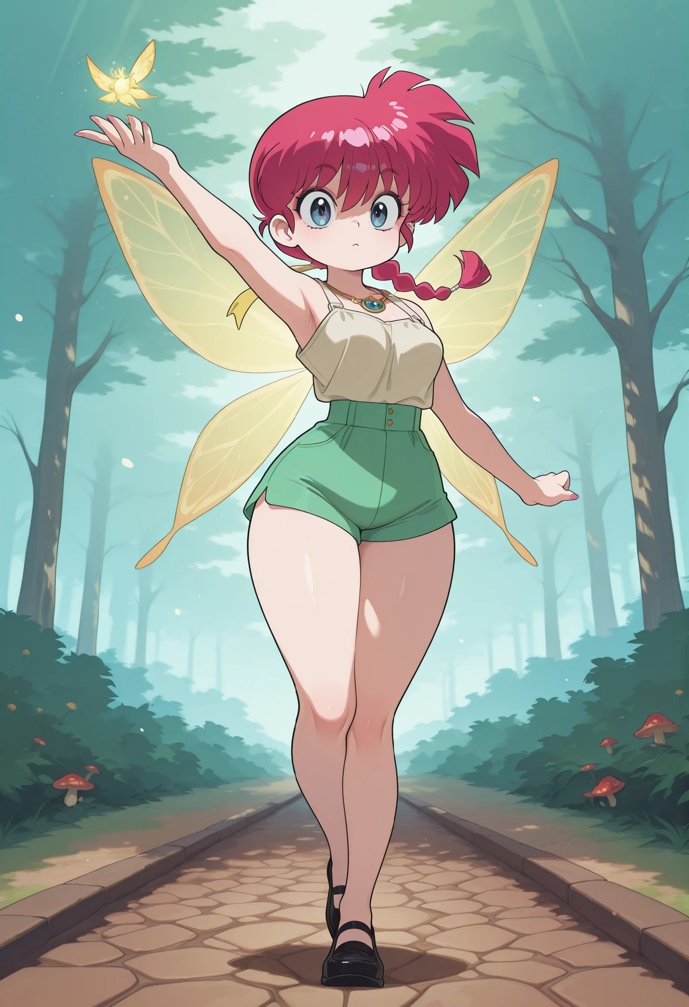 safe_pos, Ranma Saotome. red hair. pigtail. blue eyes. braid. small . huge . necklace. black eyeliner. pink manicure. | metasequoia_autumn,samoed,anime style, fairy girl, clearly straddling and riding on the back of a large fluffy fantasy samoed, seated with legs astride the samoed back, holding onto a small vine-rein or magical handle, soft shiny fur on the samoed, wialking energetically down a glowing forest path, floating magical particles in the air, cobblestone trail with sparkling flowers and glowing mushrooms, fairy academy towers in the far background through misty trees, warm morning sunlight streaming through leaves, high detail, cute fantasy commute, whimsical and light-hearted mood, dynamic riding pose, stable composition with full-body view of both fairy and samoed, shorts, top crop