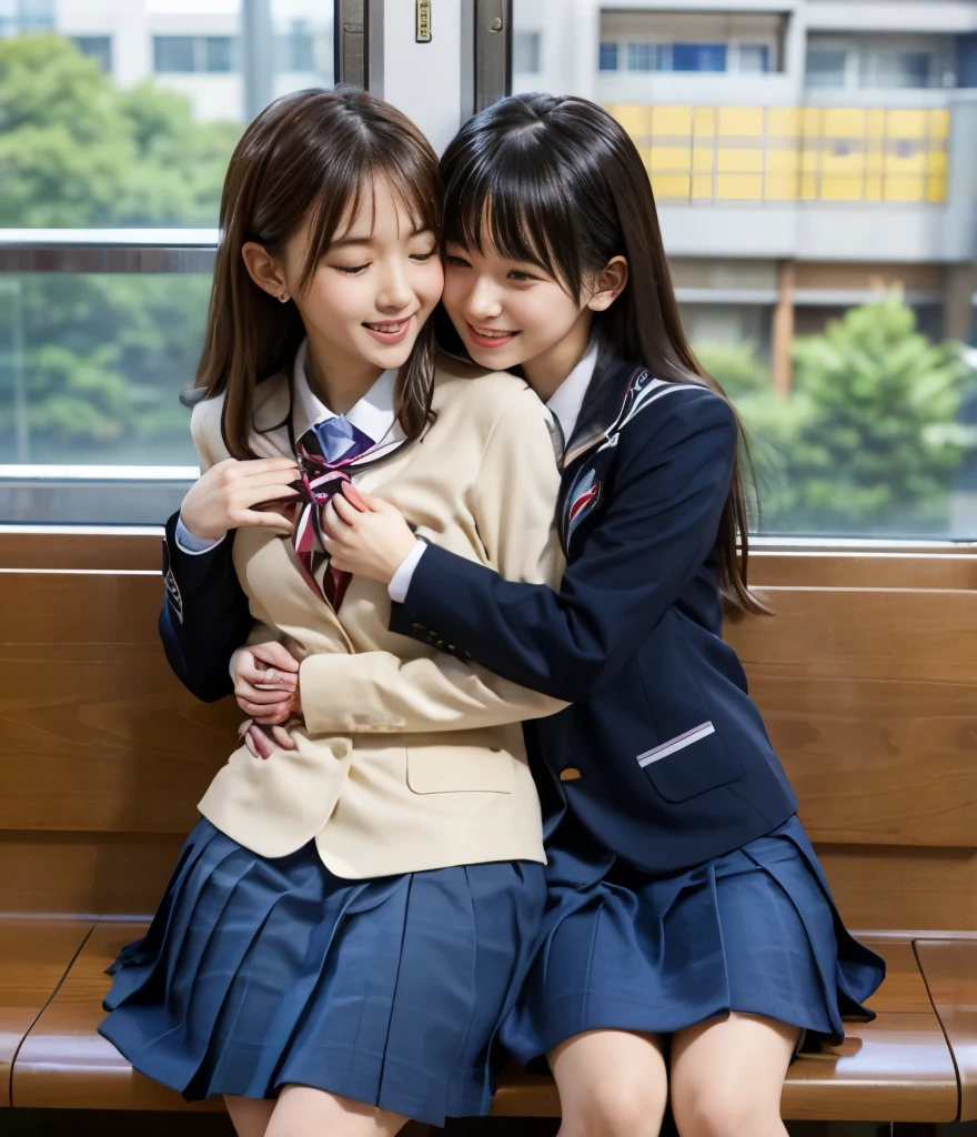2 cute high school girls 、( High School Student Uniform、 female elementary school students in the same uniform 、Matching Uniforms )、Full body photo撮影、( 2 cute high school girls が電車内で後ろから抱きつく:1.6、MIDDLE AGED MAN EXCITED ON THE TRAIN、(love each other))、(Bian、homosexuality)、( hugs from behind:1.4)、 joy 、ecstasy、Full body photo、In a high school uniform、(Complete anatomy、 charming)