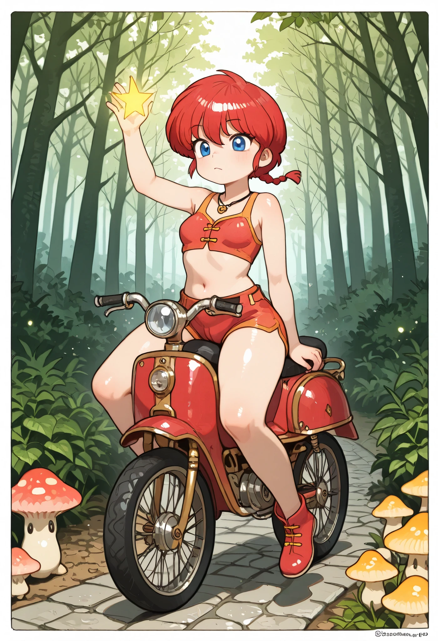safe_pos, Ranma Saotome. red hair. short hair. blue eyes. small breasts. wide hips. necklace. black eyeliner. pink manicure. |   metasequoia_autumn,samoed,anime style, fairy girl, clearly straddling and riding on the back of a large fluffy fantasy samoed, seated with legs astride the samoed back, holding onto a small vine-rein or magical handle, soft shiny fur on the samoed, wialking energetically down a glowing forest path, floating magical particles in the air, cobblestone trail with sparkling flowers and glowing mushrooms, fairy academy towers in the far background through misty trees, warm morning sunlight streaming through leaves, high detail, cute fantasy commute, whimsical and light-hearted mood, dynamic riding pose, stable composition with full-body view of both fairy and samoed, shorts, top crop