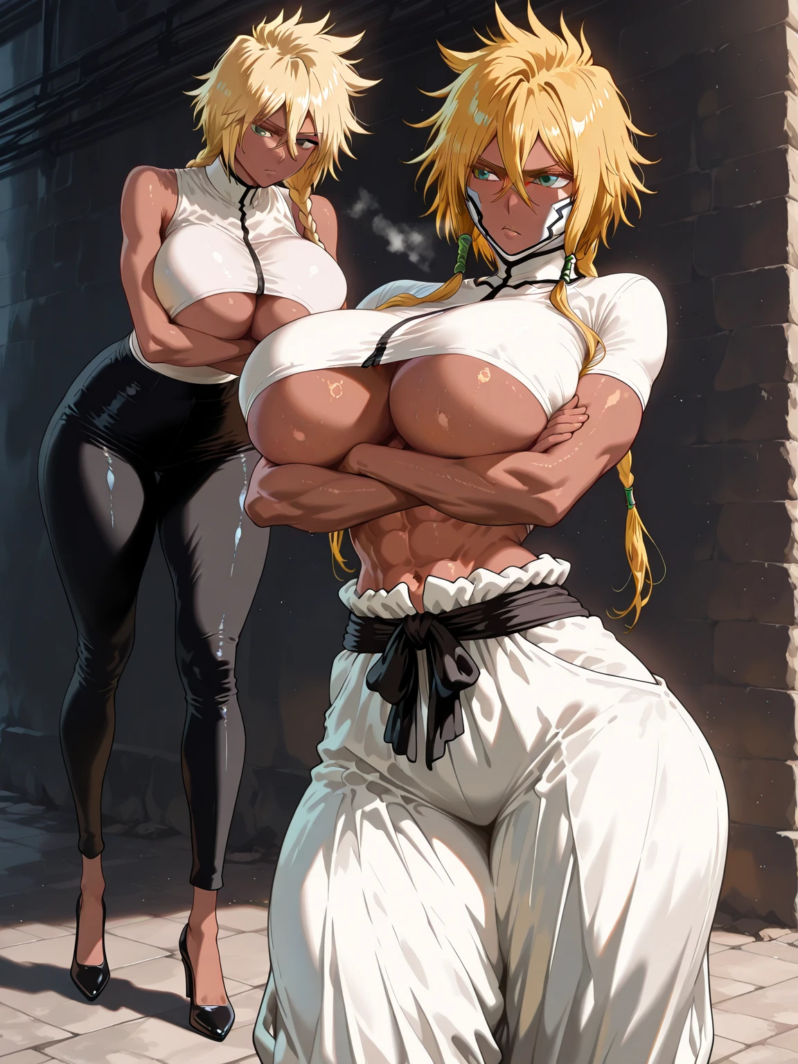 masterpiece , realistic , TierHarribel , ultra_detailed_face , ultra_detailed_body , ultra_realistic_eyes, green_eyes, symmetrical_eyes, abs , blonde_hair , jacket, underboob, bleach_style , sky , clouds , long__blonde_eyelashes