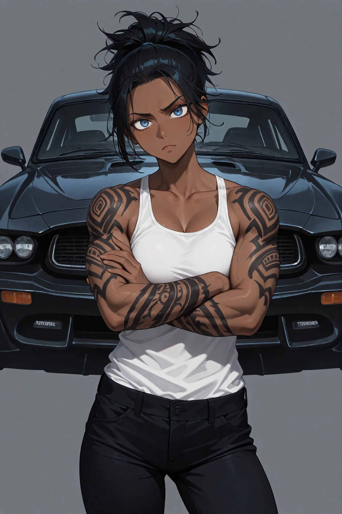 1girl, strong girl, dark-skinned female, solo, short hair, ponytail, black hair, messy hair, dark-blue eyes, mean, evil, intense stare, (frown), hateful expression, clenched teeths, standing, dark-grey background, simple background, tribal tattoos, black tattoos, tattoos on arms, tattoos on wrists, black jeans, white tank-top, car behind, muscle car, streetracer car, black car, crossed arms, head tilt, masterpiece, best quality, absurdres, ultra-detailed, high resolution, looking down at viewer, 