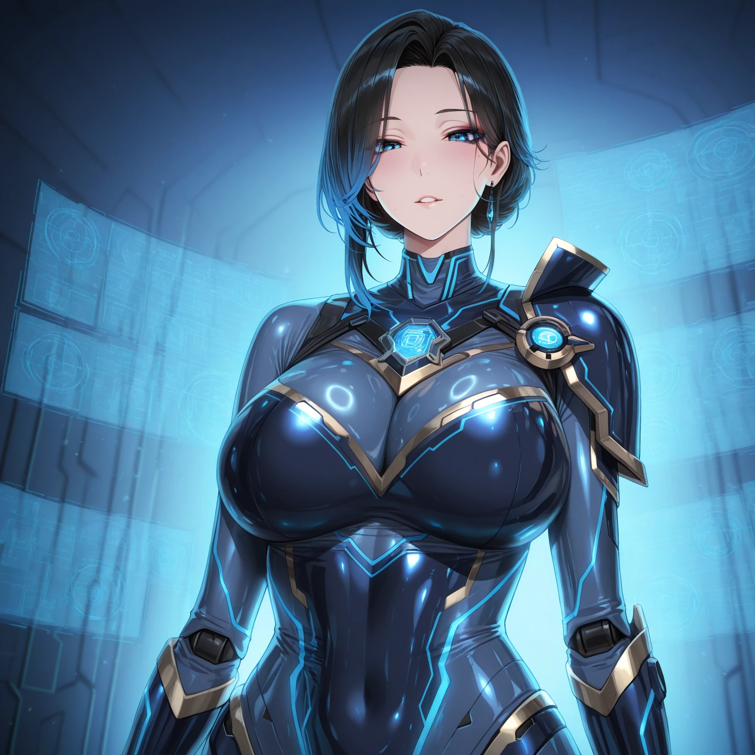 UHD, retina, anatomically correct, textured skin, masterpiece, accurate，SOLO，high quality,extremely detailed，(A huge oppai robot female),(Iron body:1.7),(shiny skin:1.8),(bright light),(Open pose:1.7),[detail face],(petty face:1.7),(Police type robot)(Blue and white)