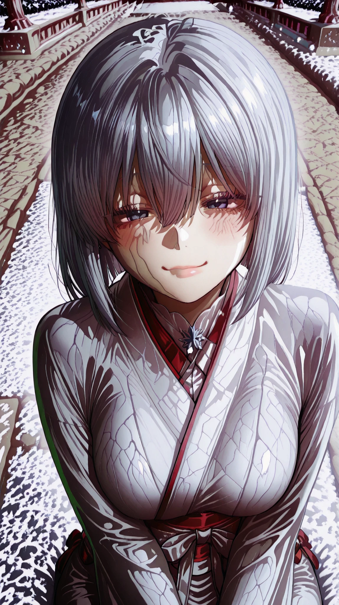 Moe anime style、Beautiful girl、Silver Bob、Pale blue eyes、Shrine Maiden Suit、white and red Japanese style costume、snowflake accessories、kind expression、Winter Background、anime style, cute shrine maiden, bob cut silver hair, pale blue eyes, miko outfit, traditional Japanese clothing, snowflake accessories, gentle expression, snowy background