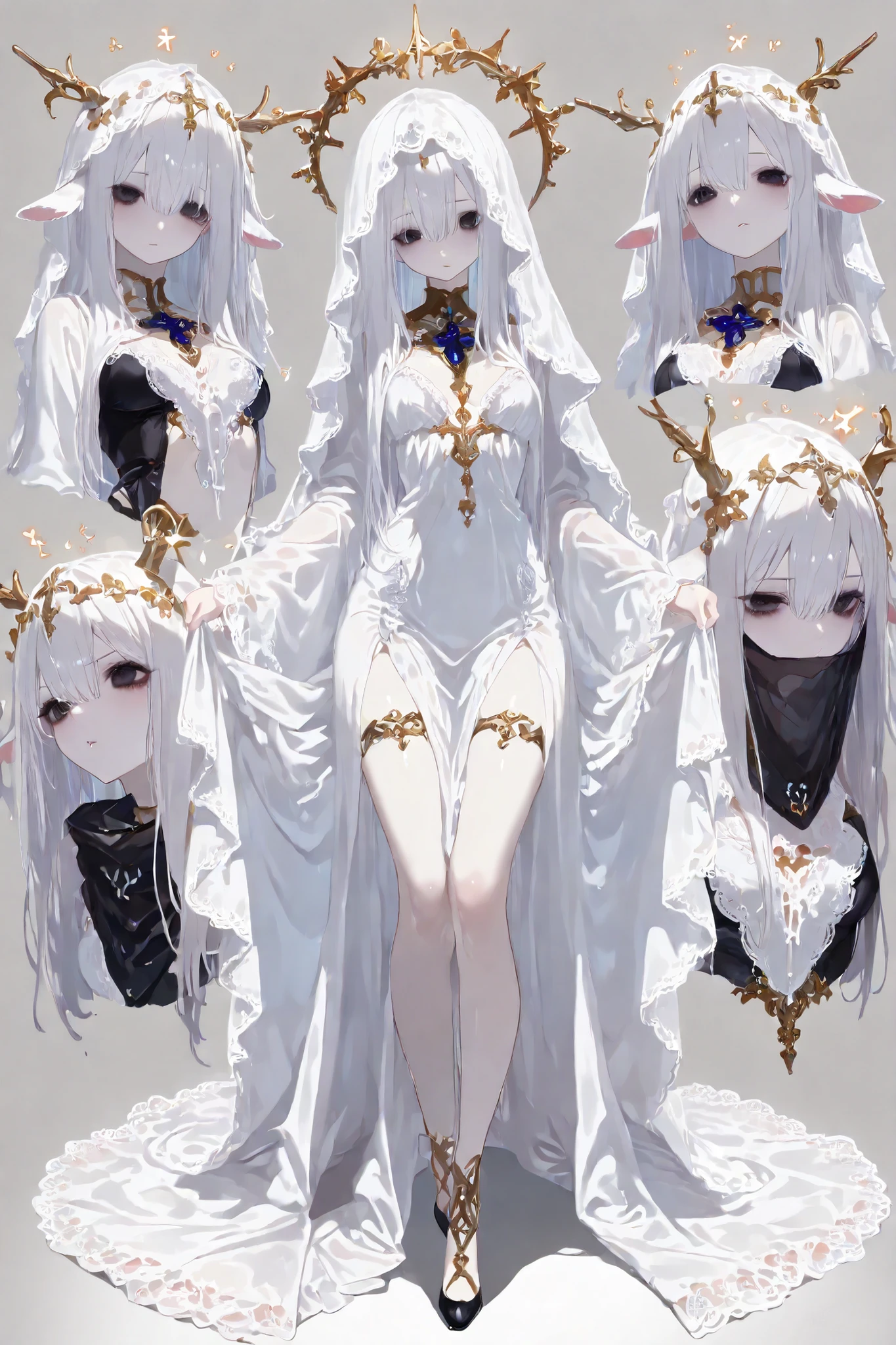 ((best quality)),(((pale skin))),((masterpiece)),((((1girl)))), (bust up) , ((white_long_hair)),((black_eyes)),((character sprites)) (character sprites), straight long hair, white hair, veil, morute aesthetic, white clothes. white long veil covering here. pretty veil. she looks like a woman. morute. she is a woman. white robes , lamb ears, , masterpiece, top quality, general , great quality, CHARACTER sprite/emotions , 1 girl, character sprites, character sprites emotions only, top up, bust up, multiple emotions, no character sheet just multiple emotions expressed, bust up, no full body
, multiple emotions, top up, face only