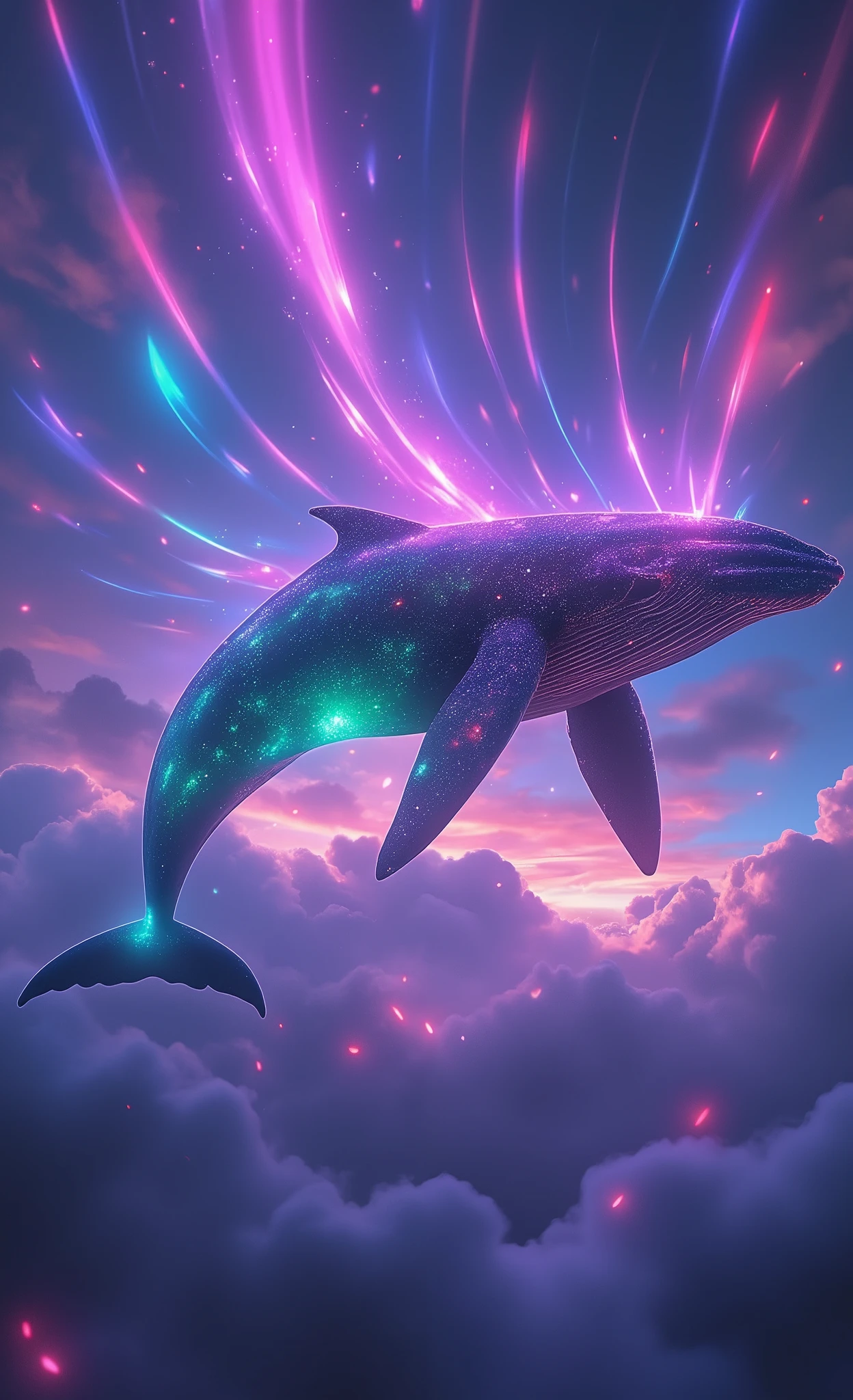 A whale shining red and green, flying in the cloud filled sky intensely with purple rays, the brightness of the rays is hitting the whale, arte ultra realista, 8k, cores neom, alta qualidade