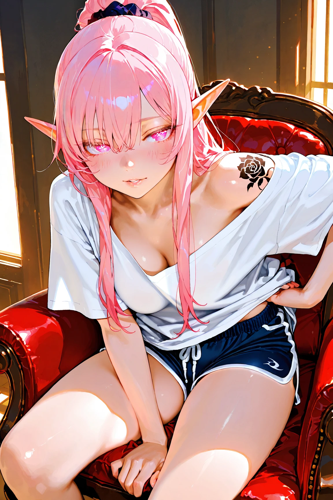 long pink shirt with a kitten drawn on it, with dragon horns, no pants, long pink hair, little tits, lying on the sofa with a sexy pose, holding the cell phone, naked, showing pussy with open legs