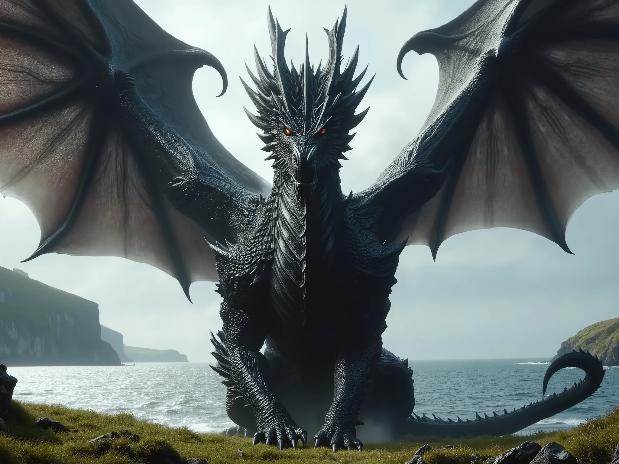 Immense Dragon
Wings: Immense, casting a shadow over the Sacrifice Cliff.
Color: Scales of inky black, almost iridescent, subtly shining in the sunlight like precious gemstones.
Eyes: Incandescent gold, as if containing an ancient fire.
Presence: Majestic, terrifying, and captivating. Its mere gaze commands silence.
Background: Standing in front of a grassy cliff with the sea in the background.
Pose: Standing on all four legs.
